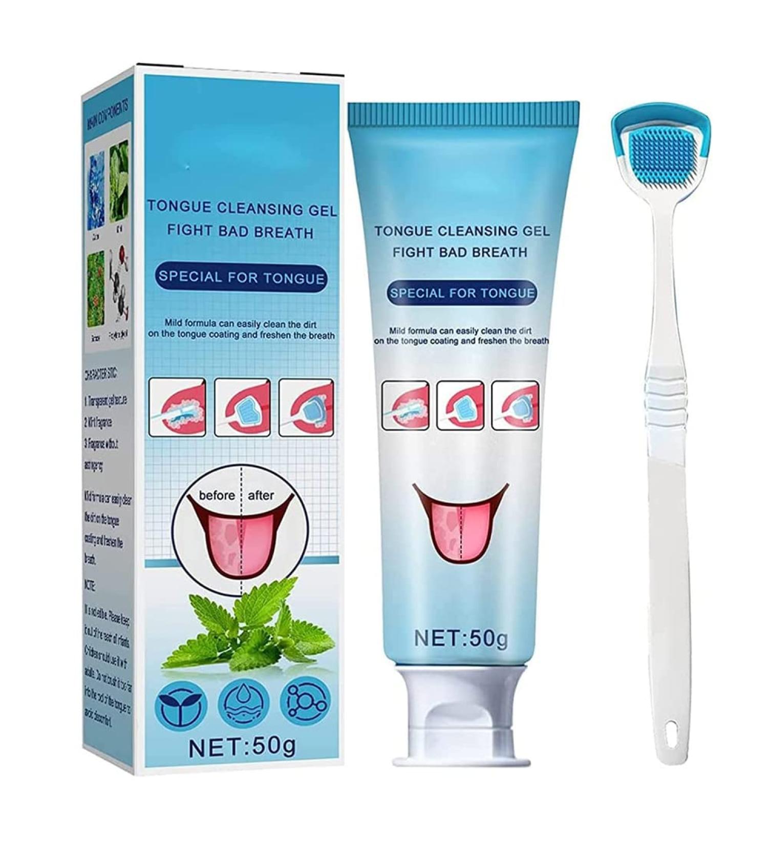 Tongue Cleaning Gel & Brush Kit | Bad Breath Cleaner & Tongue Scraper | Mint Scent for Fresh Breath - Buy Online on GoSupps.com