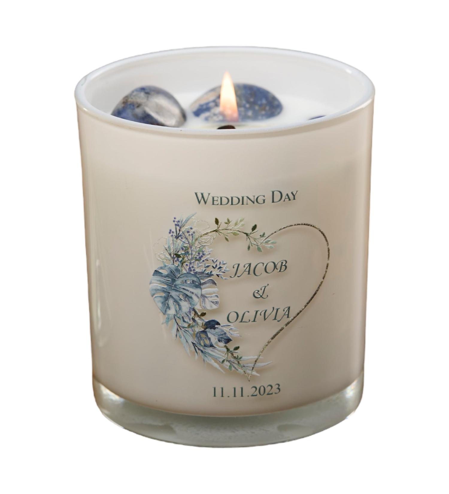 Personalised Wedding Day Candle Gift with Tropical Blue Palm Heart (Paris Garden) - Buy Online on GoSupps.com