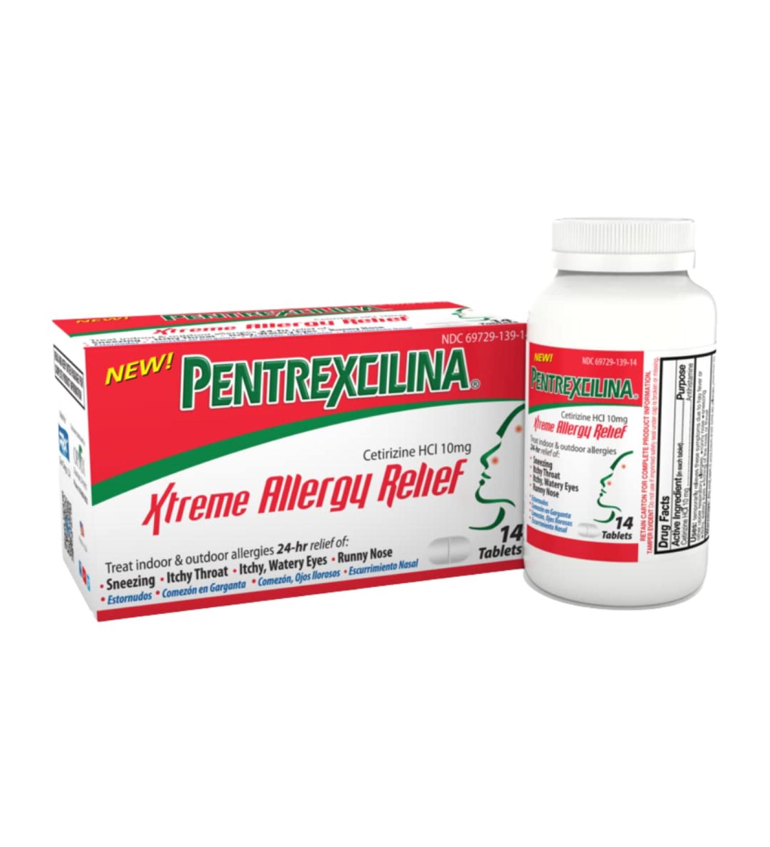 Pentrexcilina Xtreme 24 Hours Allergy Relief 14 Tablets Cetirizine HCI 10mg - Helps with Sneezing Itchy Throat Watery Eyes Runny Nose - Adult Formula (1)