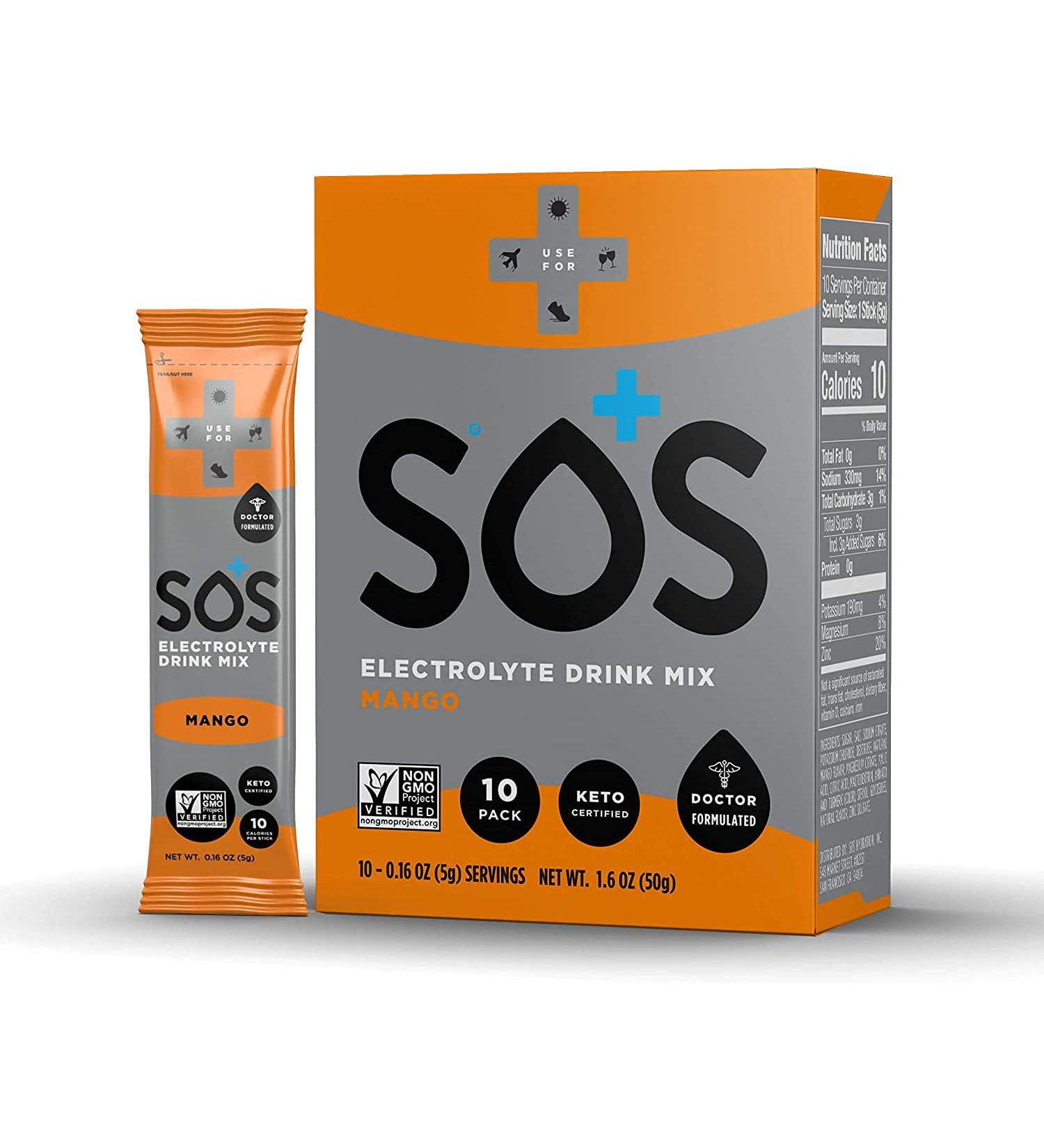 SOS Hydration Electrolyte Powder - Low-Sugar Mango Drink Mix, Immunity Support, 10 Packets - Buy Online on GoSupps.com