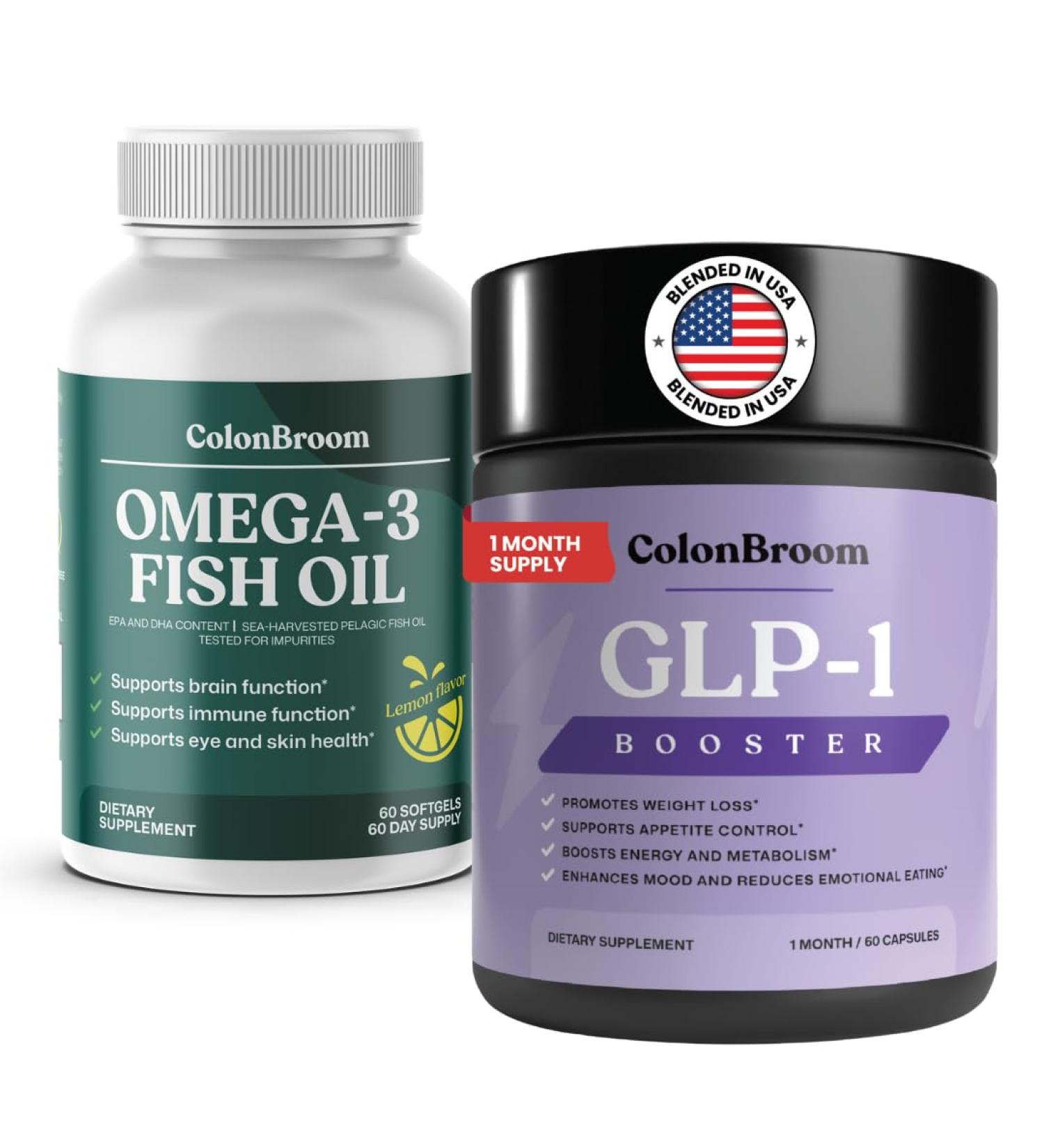 ColonBroom GLP-1 Weight Management Supplement for Women & Men (60 Capsules) + Omega 3 Fish Oil 2640 mg (60 Softgels) Lemon Flavor - Supports Gut Health Metabolic Wellness & Appetite Regulation - Buy Online on GoSupps.com