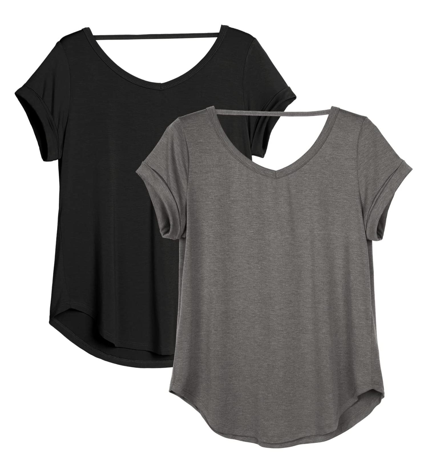 icyzone Women's Backless Yoga T-Shirt | Short Sleeve Casual V-Neck Leisure Tops | M Black/Dark Grey | International Shipping - Buy Online on GoSupps.com