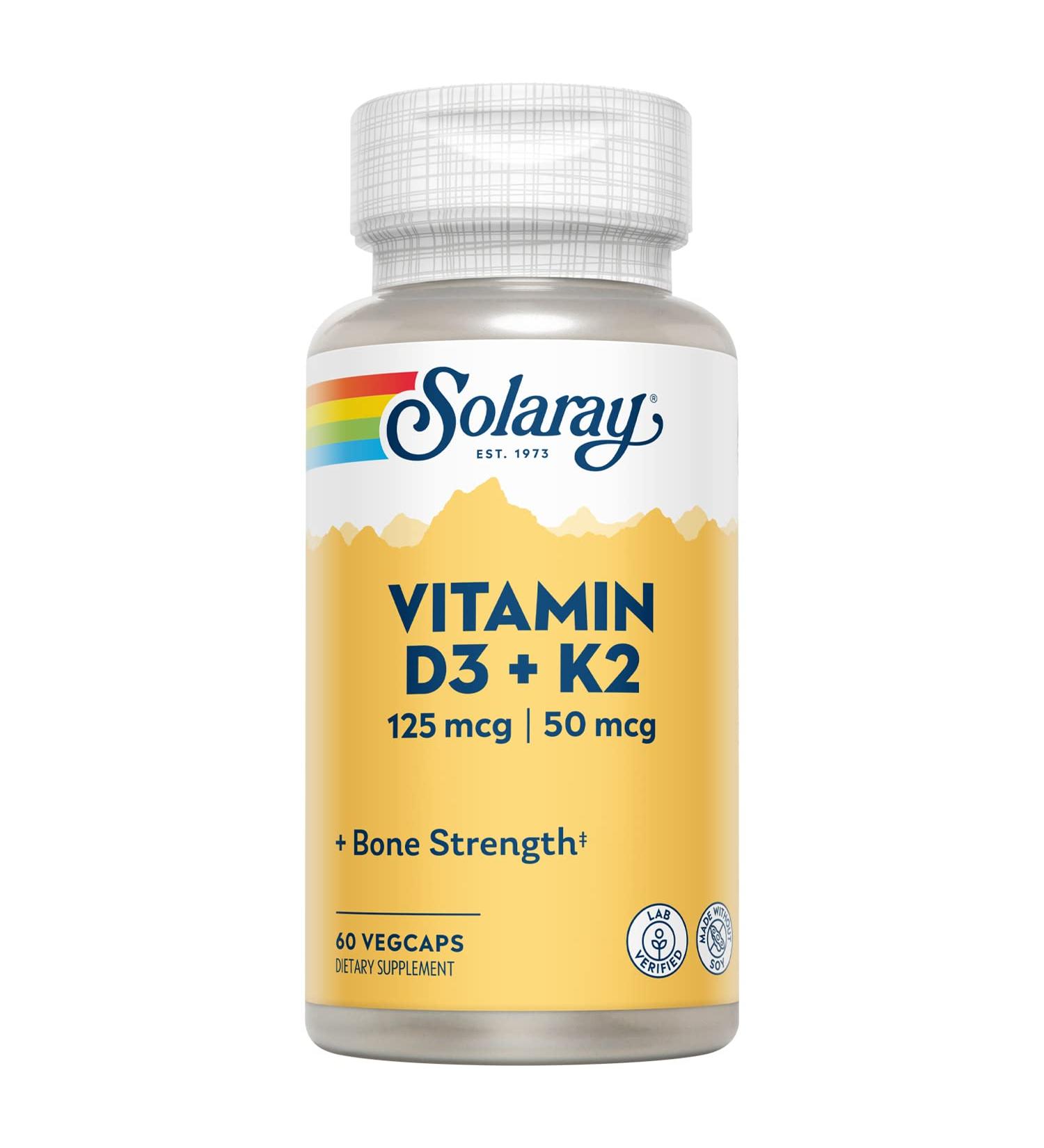 Solaray Vitamin D3 + K2 Soy Free - 60 VegCaps for Immune & Bone Health - Buy Online on GoSupps.com