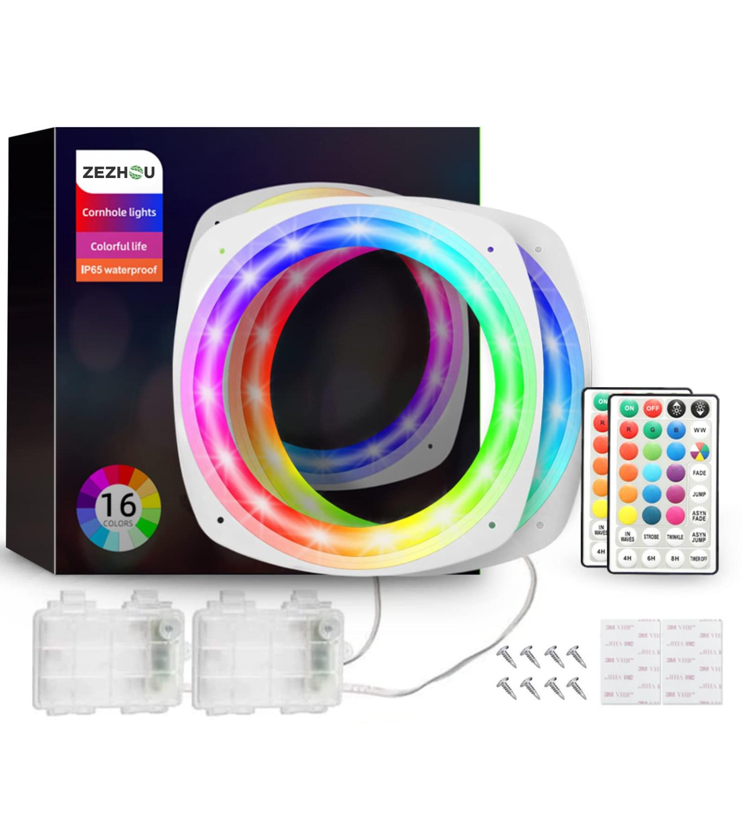 ZEZHOU LED Cornhole Lights, Cornhole Board Lights for Hole with Remote Control RGB 16 Color Change by Yourself, Family Backyard Outdoor Bean Bag Toss Corn Hole Game Essential, Waterproof, 2 Set New LED Cornhole Lights for 6" Hole