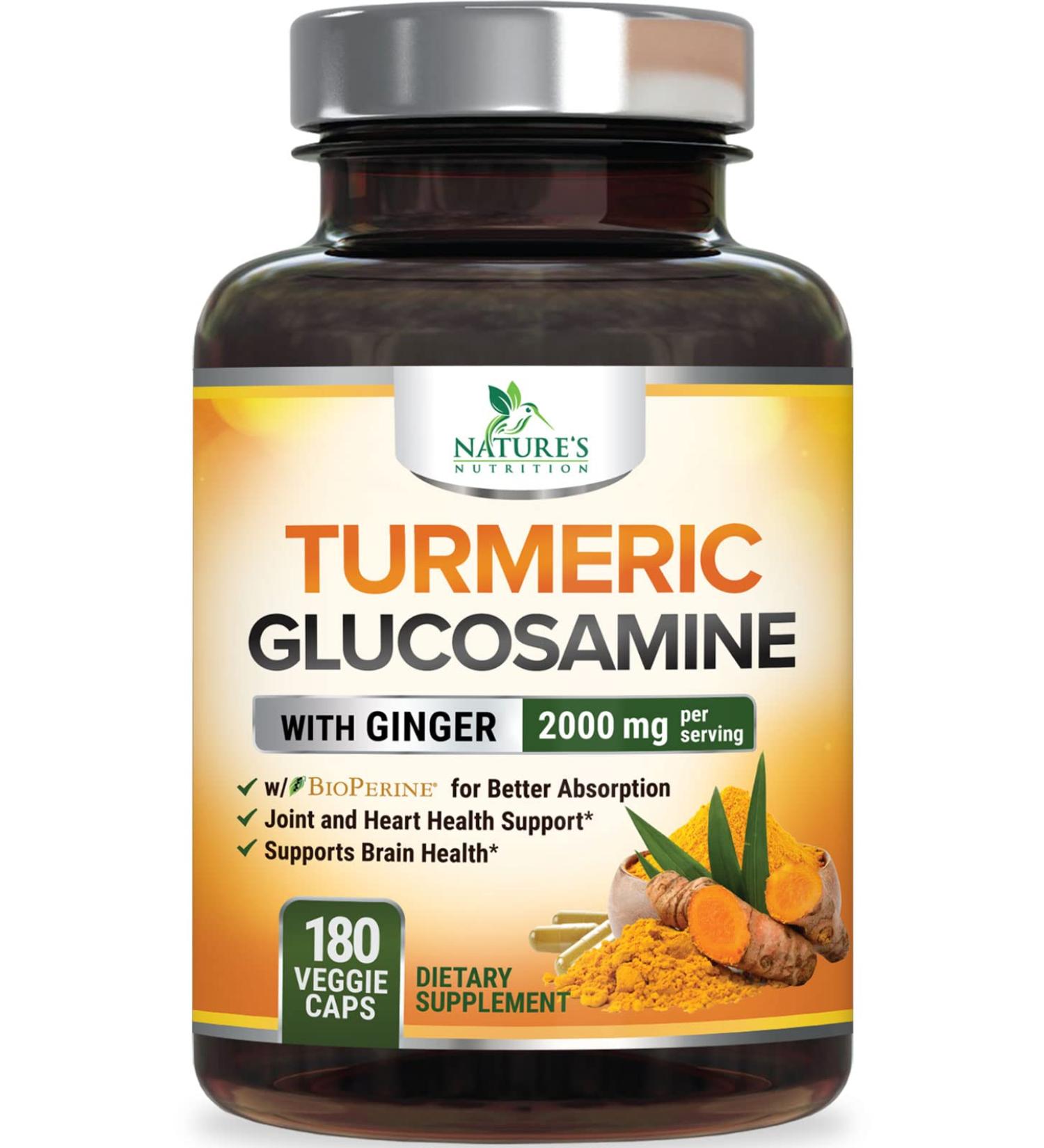 Nature's Nutrition Turmeric Curcumin with Ginger, Glucosamine & Black Pepper 2000mg - Joint & Immune Support Supplement - Made in USA - 180 Veggie Caps - Buy Online on GoSupps.com