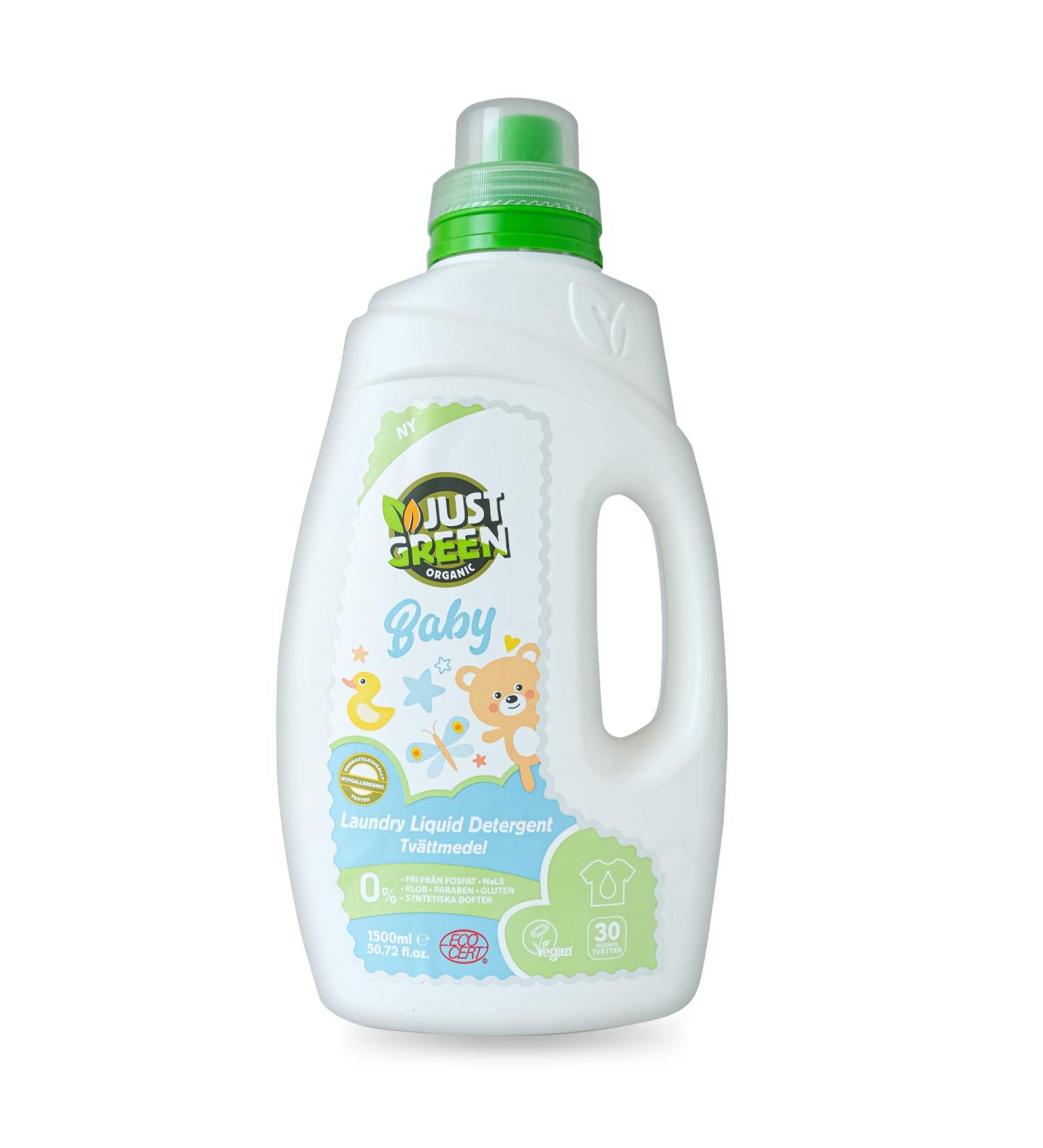 Just Green Organic Baby Laundry Liquid 1500ml | Dermatologically Tested & Hypoallergenic | Vegan Baby Detergent | No Chlorine, Paraben, or Gluten | Recyclable Bottle 1.50 l - Buy Online on GoSupps.com