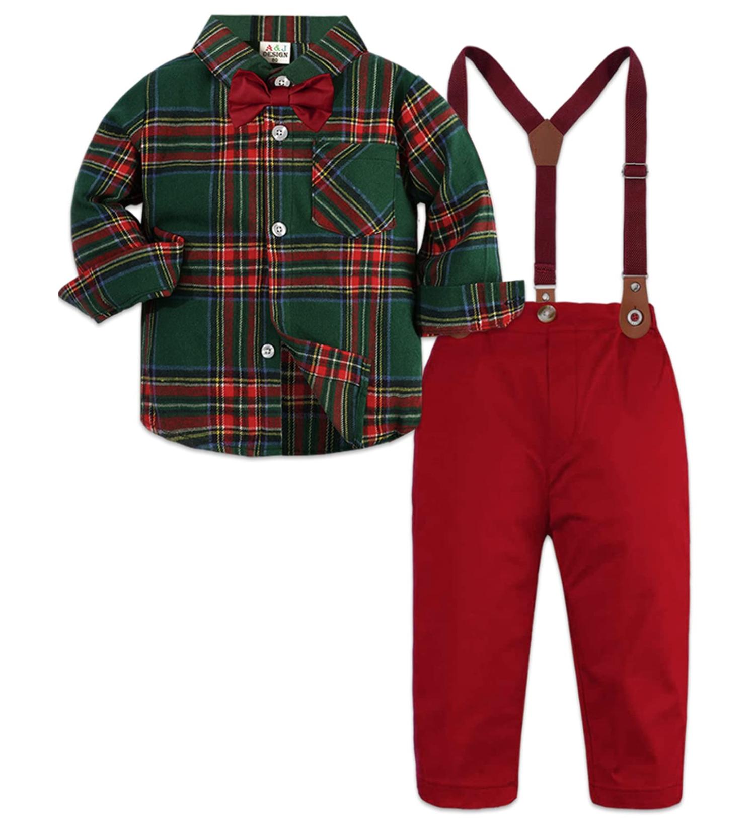 Mint Green Baby Boy Outfits Set 4pcs | Gentleman Wedding Suit 12-18 Months | Long Sleeves Striped Shirts, Trousers, Suspenders, Bowtie | Green & Red - Buy Online on GoSupps.com