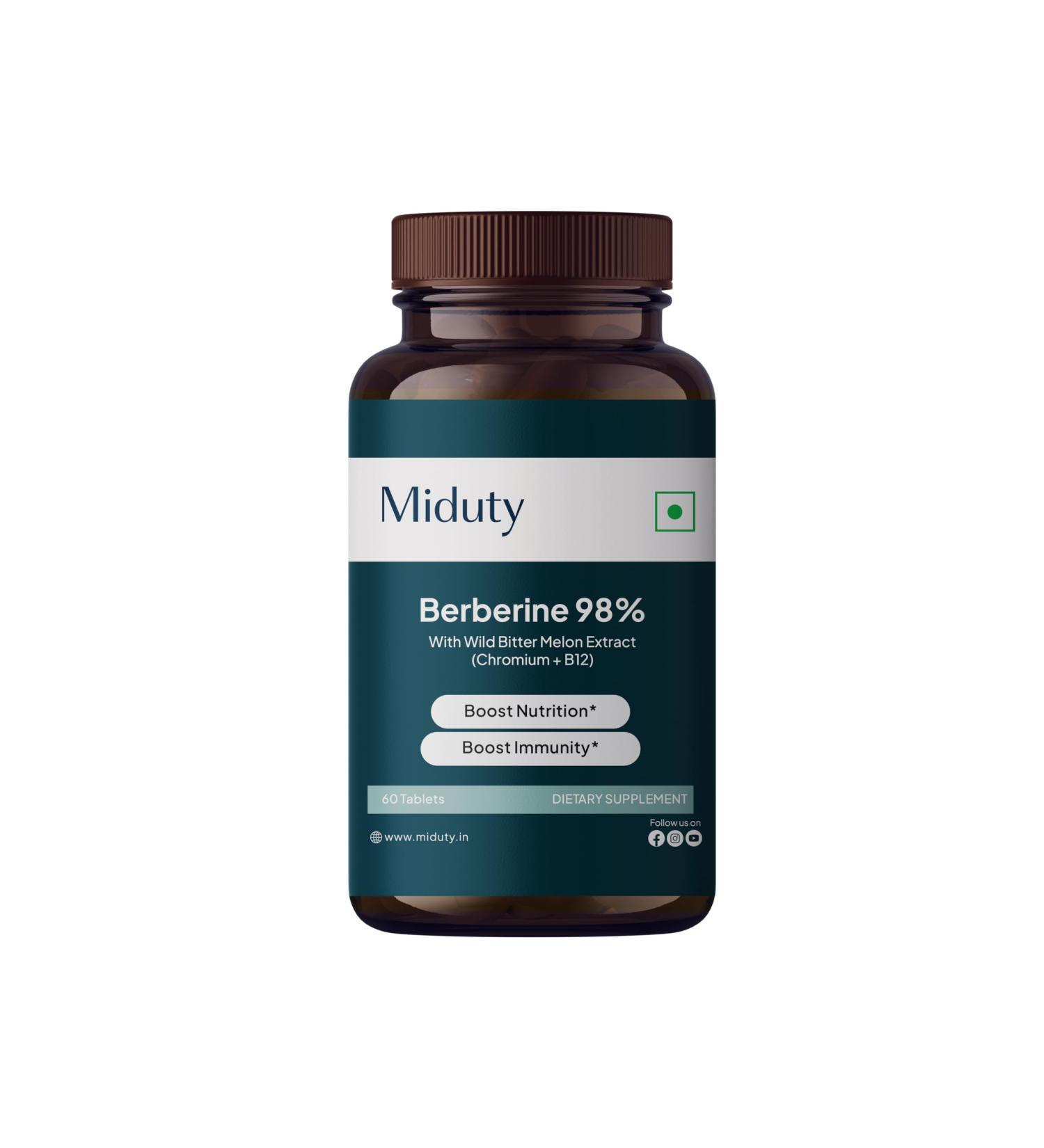 Miduty by Palak Notes Berberine HCL 98% - Gymnema Sylvestre - Chromium Picolinate - Wild Bitter Melon Fruit Extract - Gluten Free - Non-GMO - 60 Tablets - Buy Online on GoSupps.com