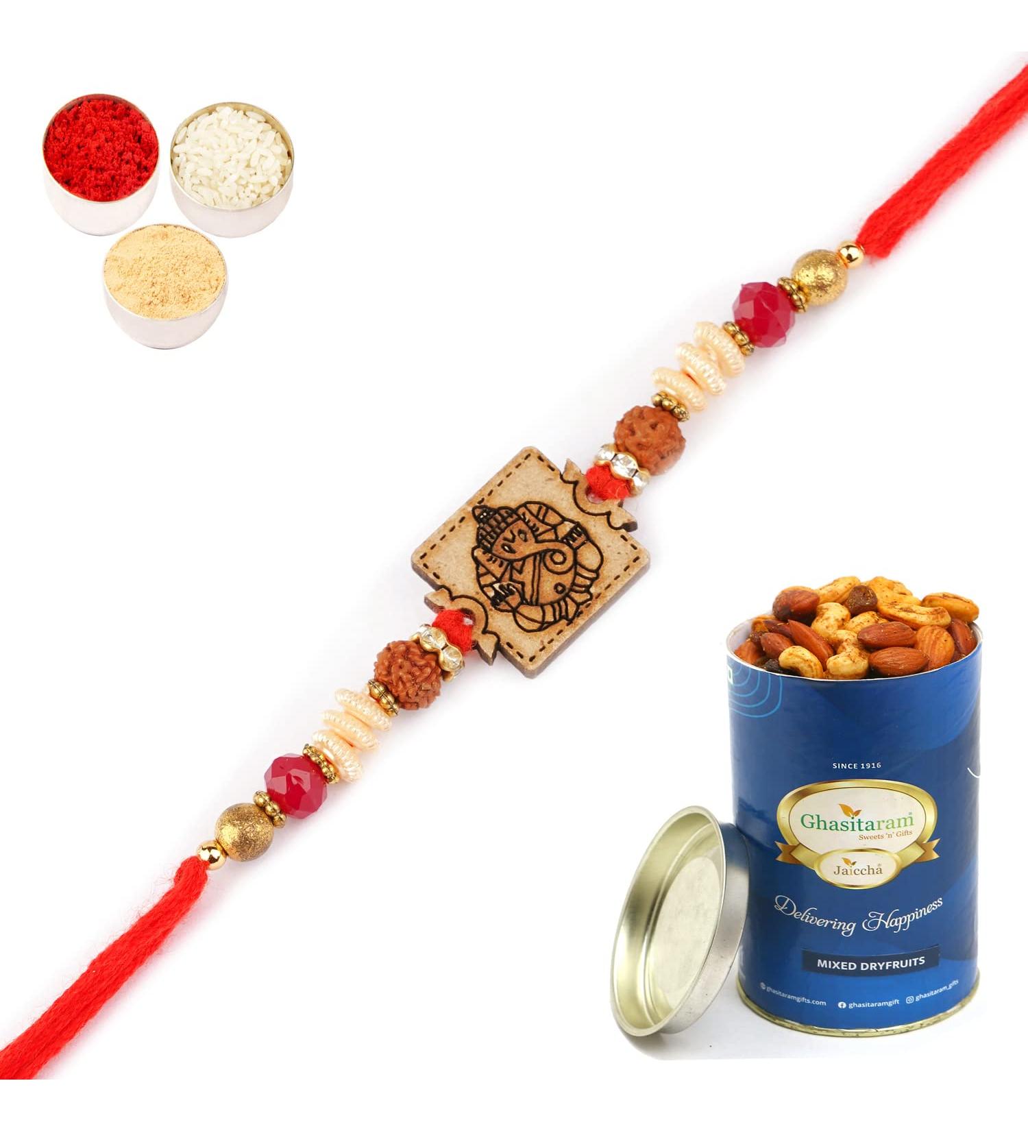 Ghasitaram Gifts Rakhis Online for Brother- R-2033 Rakhi Thread with 100 GMS of Dryfruits Mix Can Rakhi Set with 100 gms of Dryfruits Mix Can - Buy Online on GoSupps.com