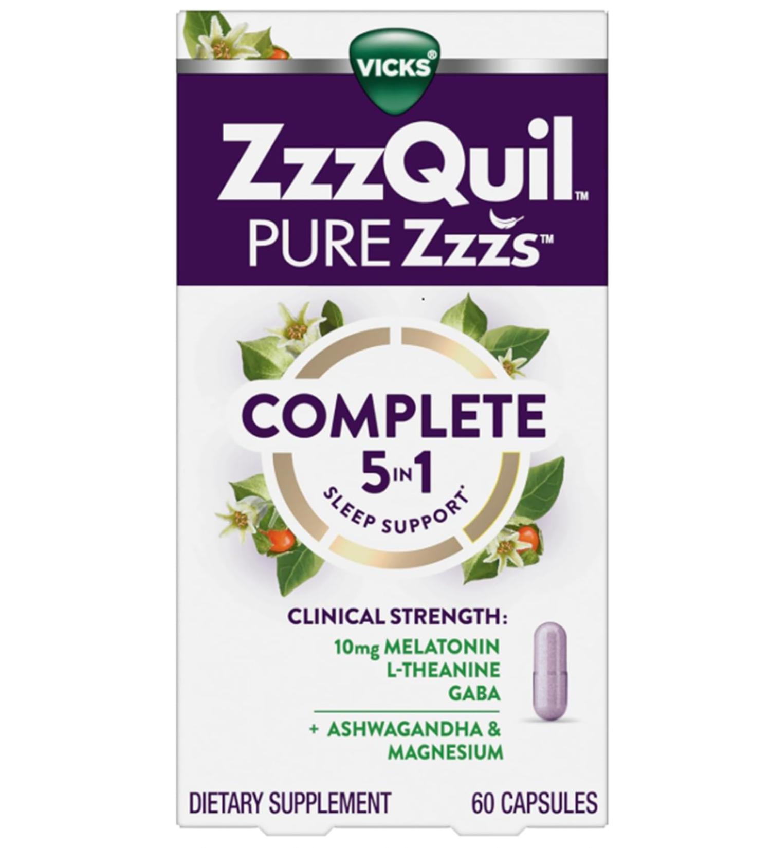 ZzzQuil Pure Zzzs Complete Sleep Melatonin 10mg L-Theanine GABA with Ashwagandha and Magnesium Melatonin Sleep Aid 60 Count - Buy Online on GoSupps.com