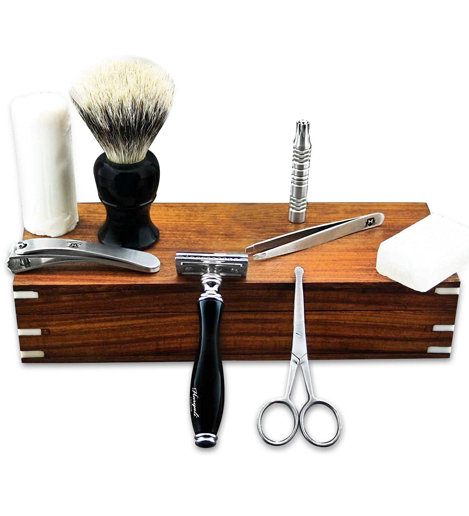 9-Part Classic Silver Tip Shaving Set in Antique Wooden Box | Hair Brush Foam Scissors & More - International Shipping Available - Buy Online on GoSupps.com