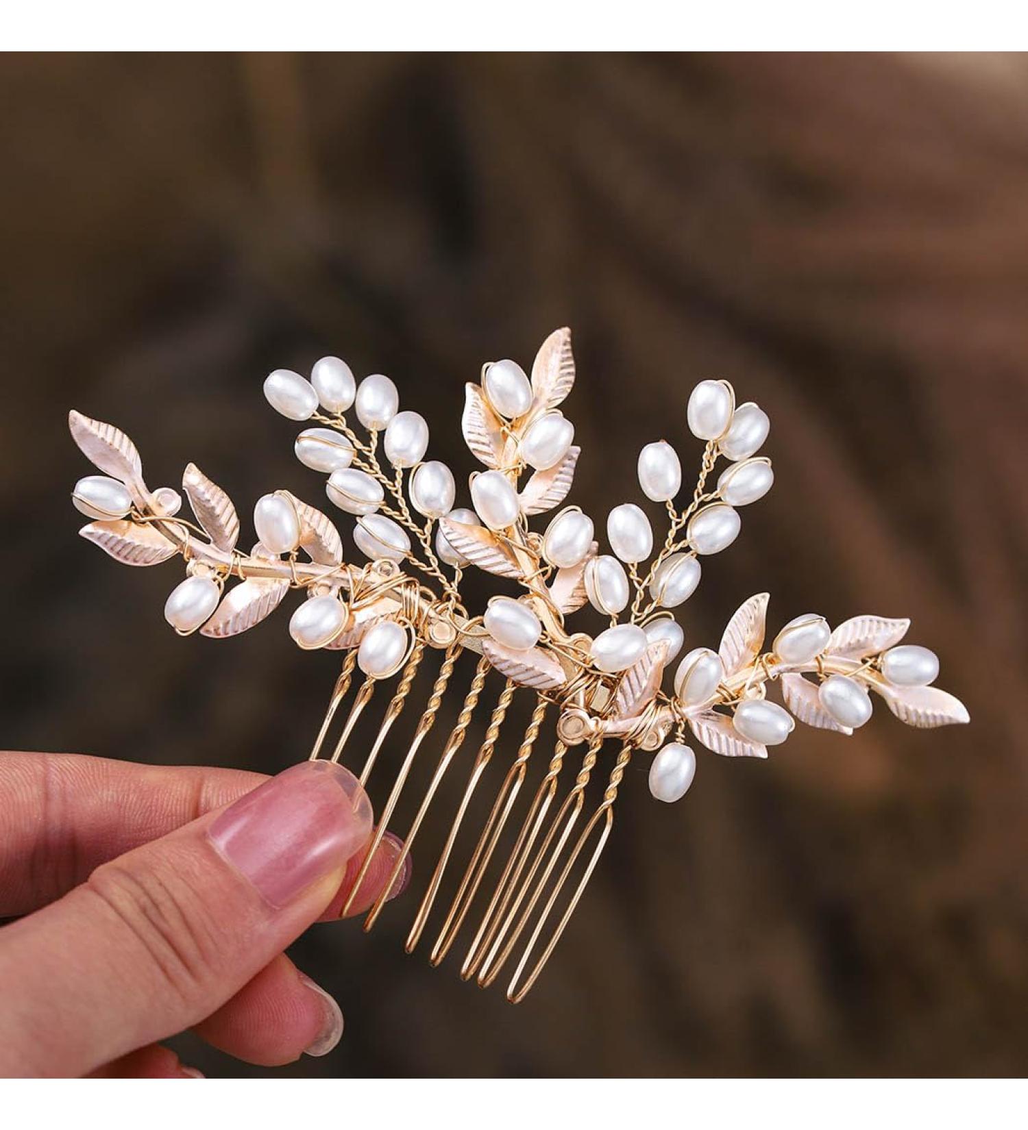 Foyte Wedding Crystal Hair Comb Gold Pearl Bride Headpiece Leaf Side Hair Combs for Women and Girls - Buy Online on GoSupps.com