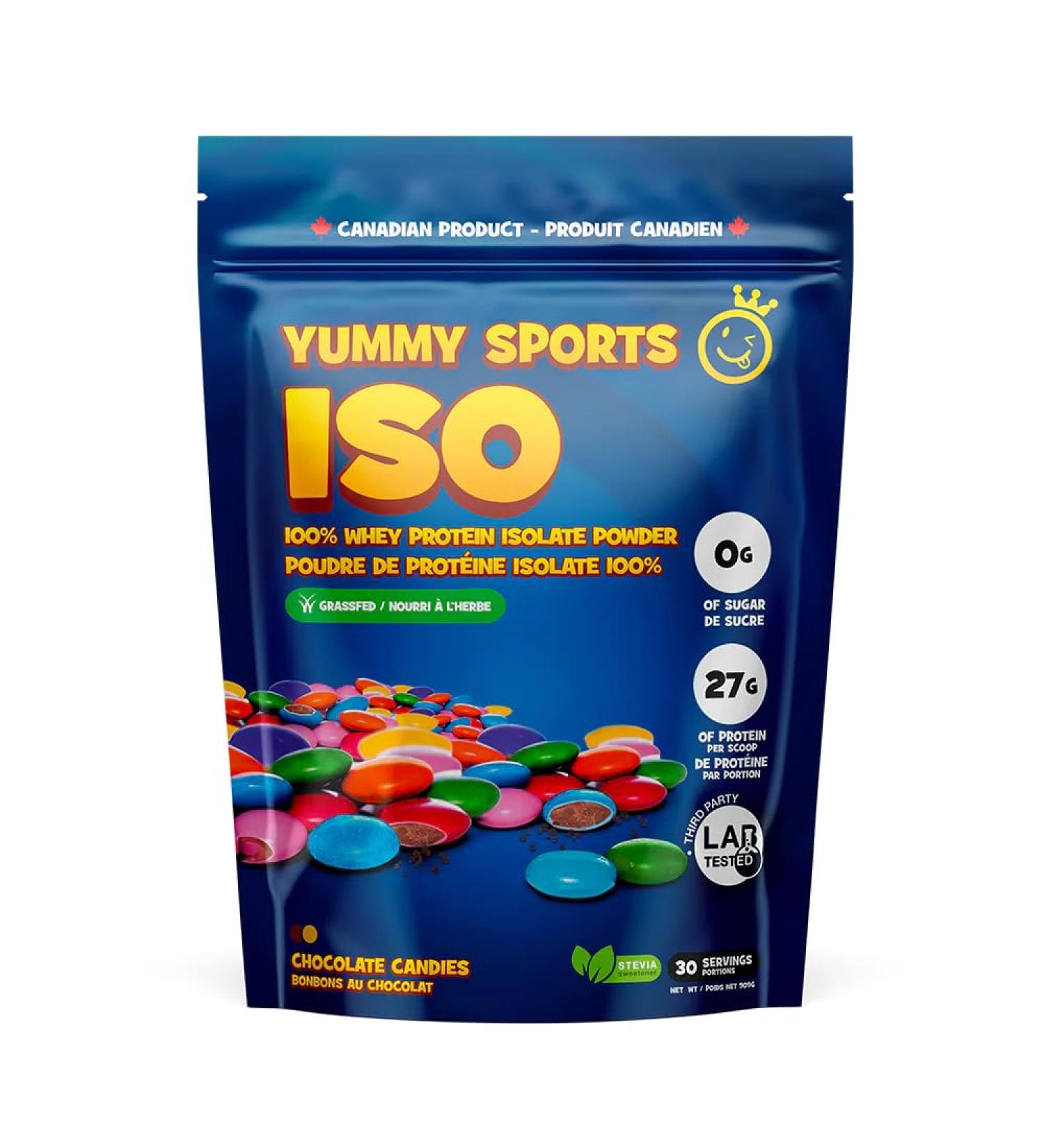Yummy Sports Whey Protein Powder Isolate - 27g Protein Per Serving - Grass Fed Fast Absorbing Protein - Vegan Zero Sugar Keto Friendly Protein Supplement - 30 Servings 2 LBS - Chocolate Candies - Buy Online on GoSupps.com