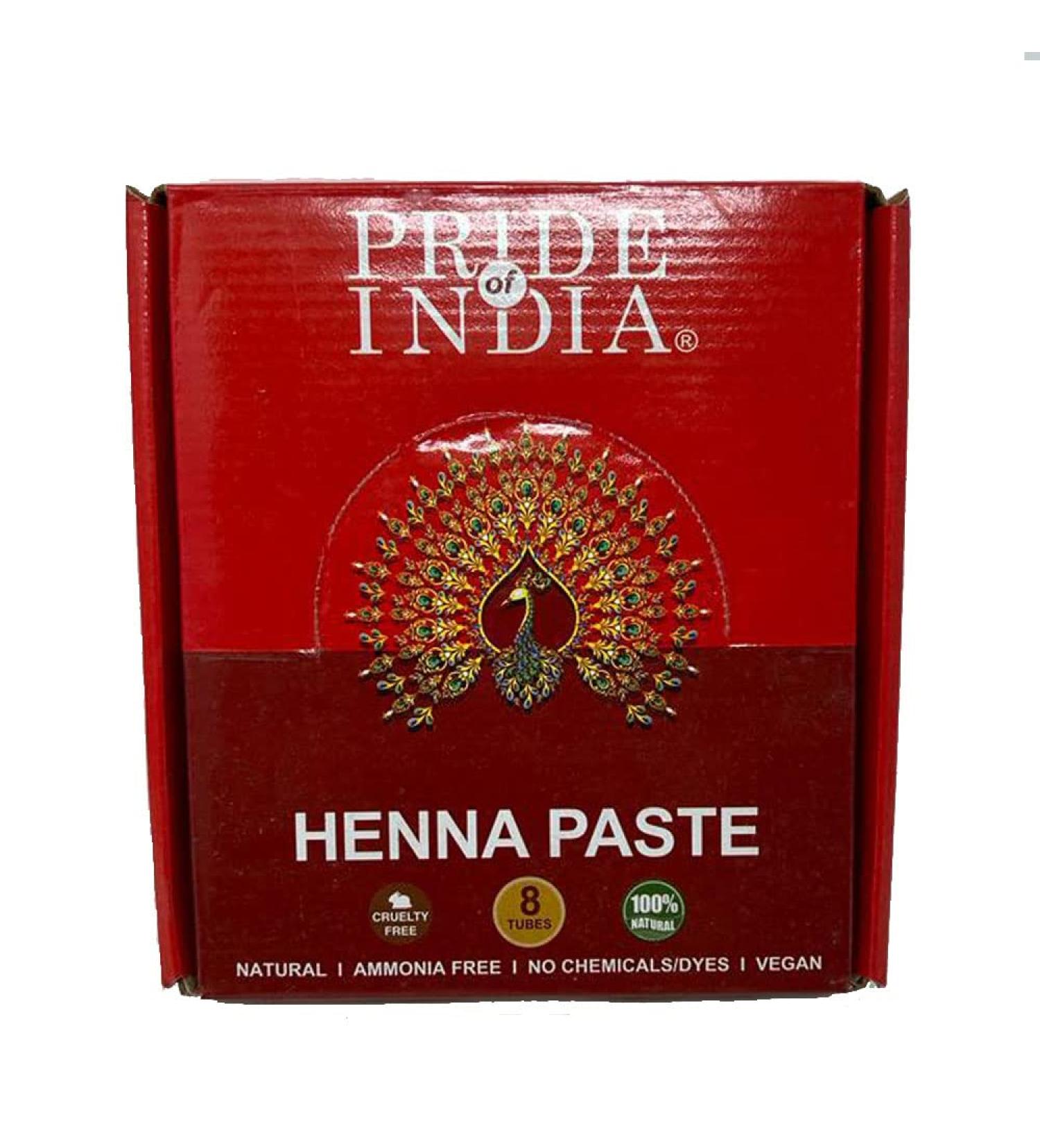 Pride Of India - Henna Paste 4 Cones + 4 Cones FREE - 1.25oz each Large Tube - NEW - 100% Natural Plant Based - NO Chemicals/Dyes - Cruelty Free - Amazing Value Kid Friendly - Use like a Pen - Temporary Coloring Product - Washes away in 10-12 Days 8 Count - Buy Online on GoSupps.com