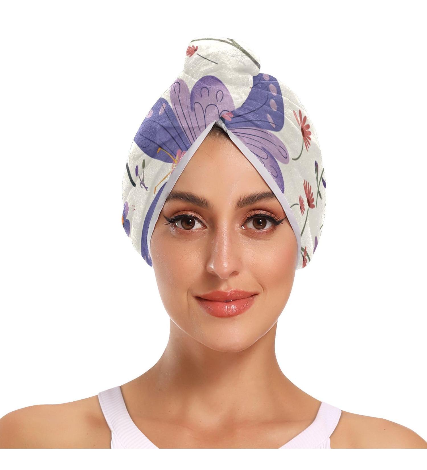 Buy Cartoon Purple Butterfly Hair Towel 2 Pack - Super Absorbent Quick Dry Turbans for Women & Girls | International Shipping Available - Buy Online on GoSupps.com