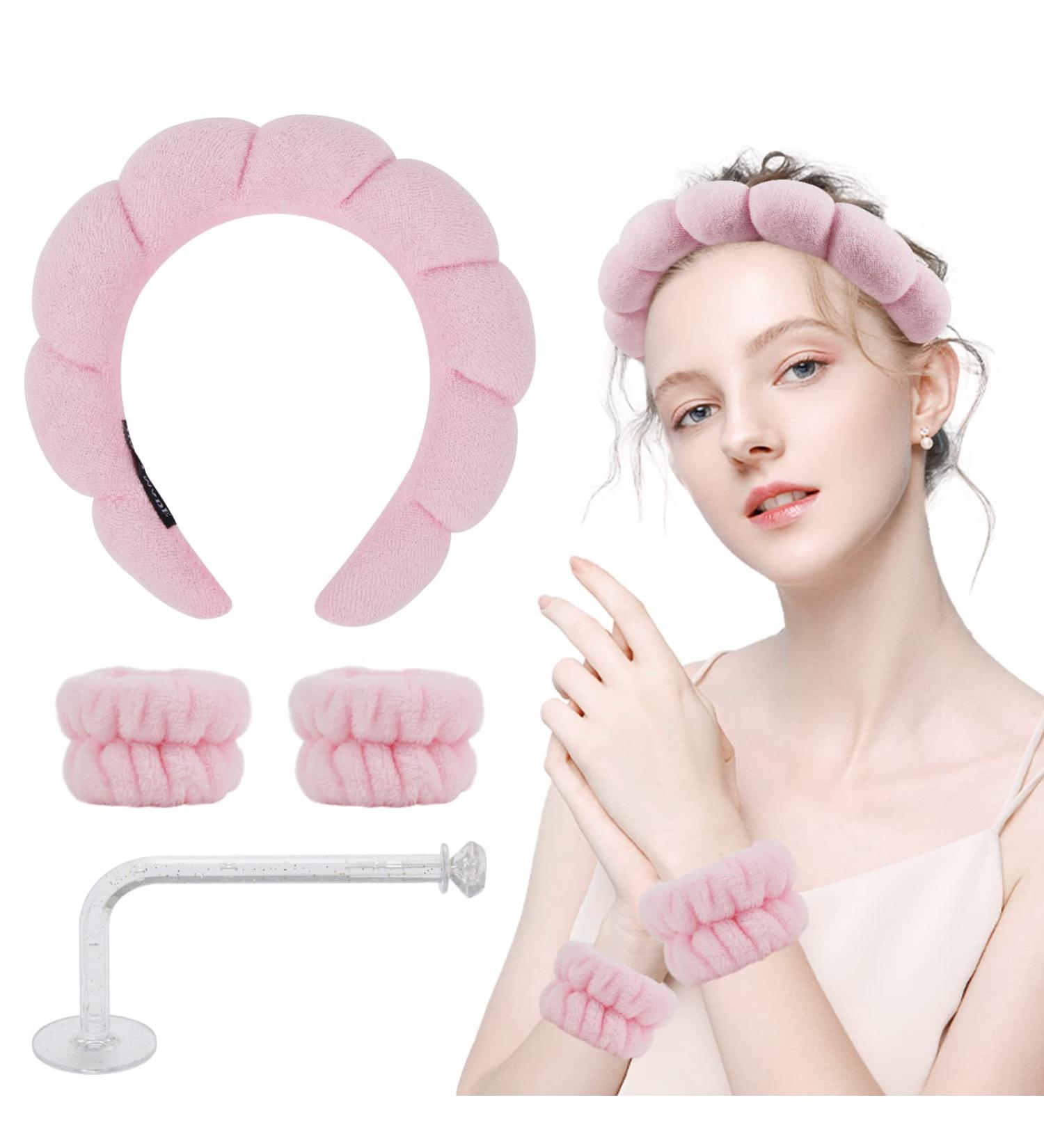 Hope&Luck Spa Headband Set for Women - 4Pcs Terry Cloth Pink Sponge Headband & Wristband for Face Washing - Buy Online on GoSupps.com