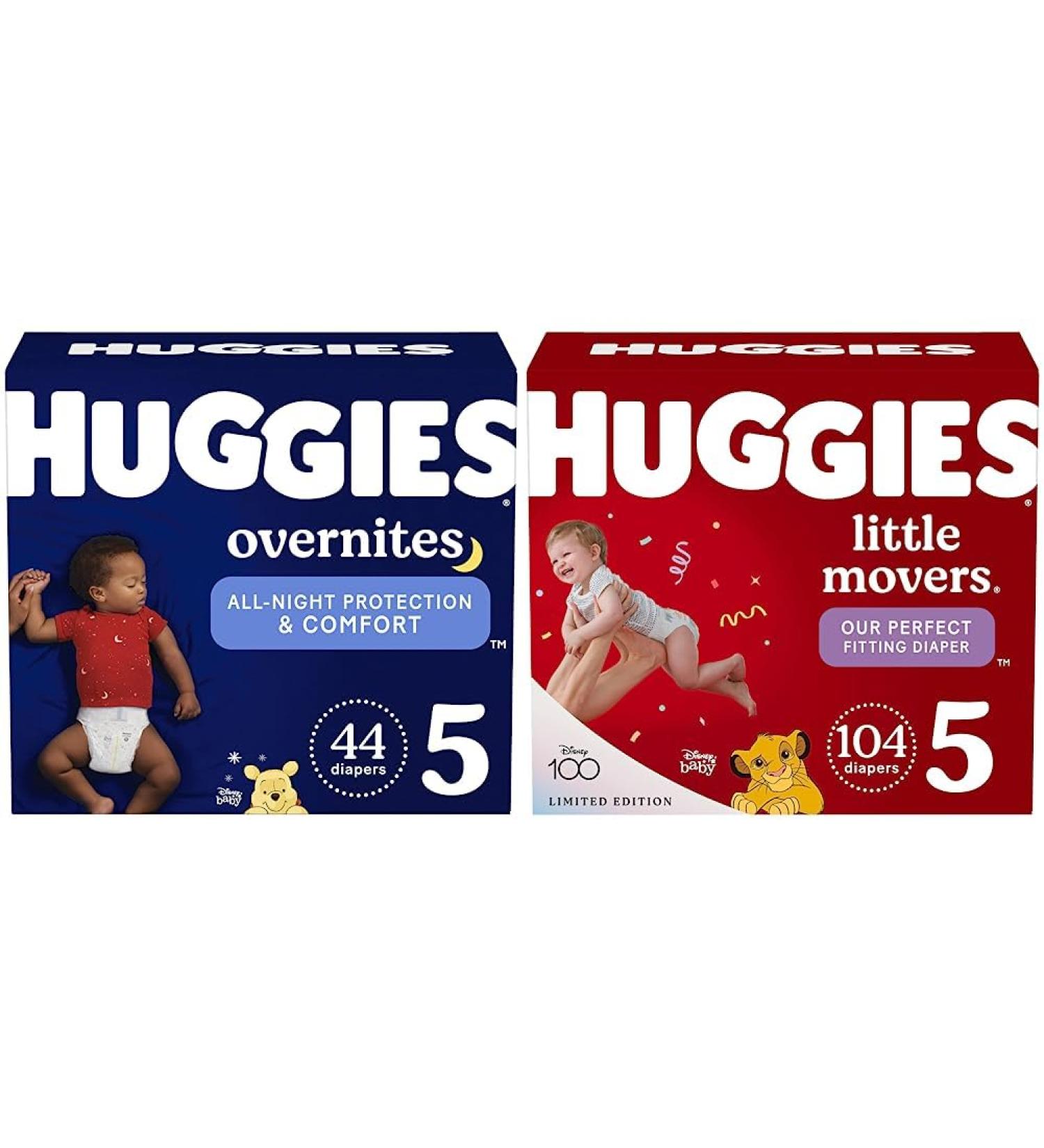 Huggies Overnites Nighttime Baby Diapers and Huggies Little Movers Diapers | Size 5 148 Ct Size 5 (44 Count) New+ Diapers - Buy Online on GoSupps.com