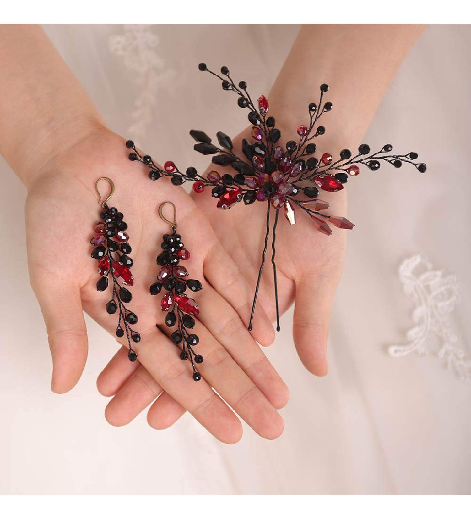 Baroque Black Red Rhinestone Bridal Hair Pins & Earring Set - Wedding Hair Accessories for Bride by BERYUAN - Buy Online on GoSupps.com