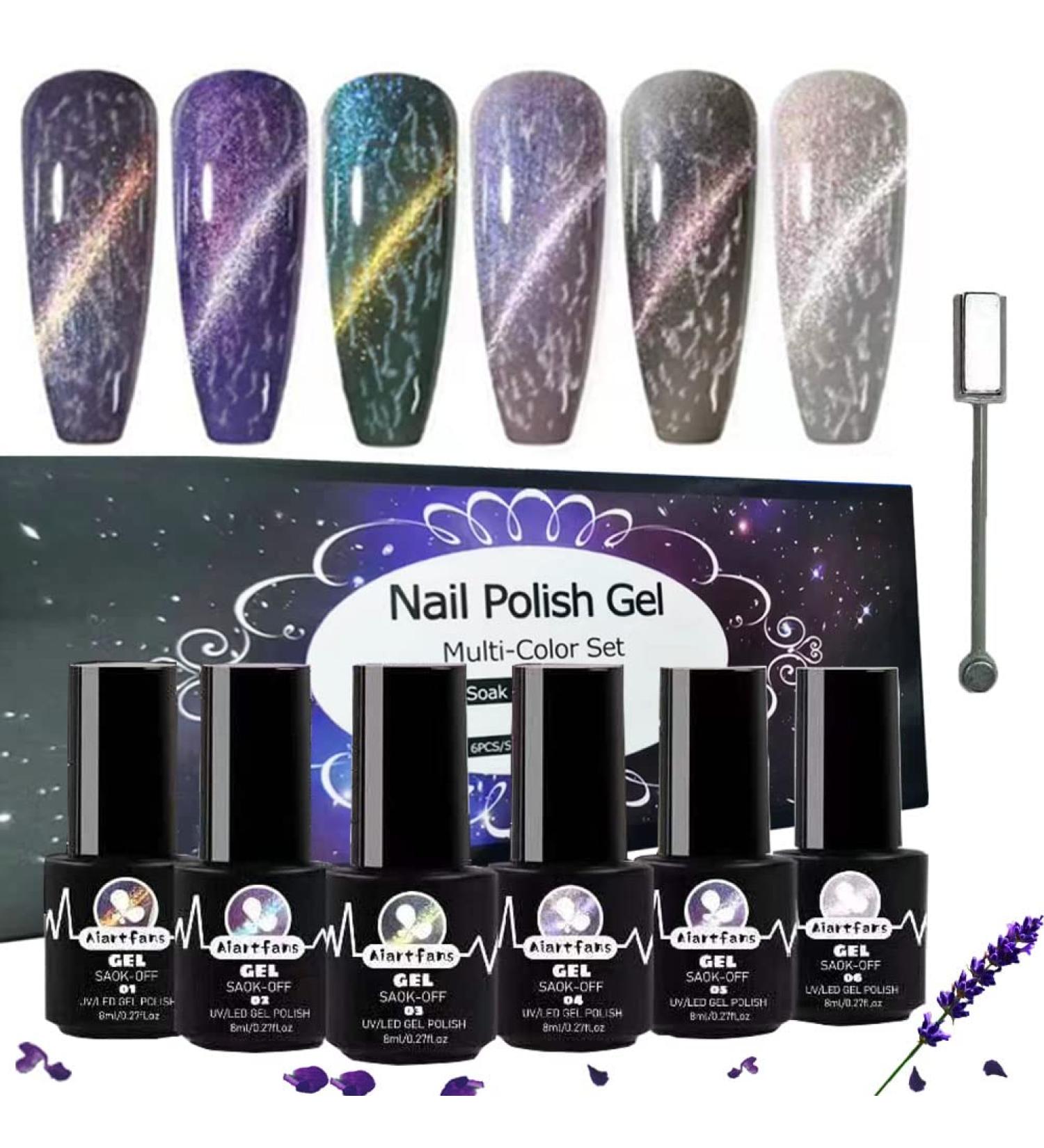 Cat Eye Gel Polish Set - 6 Colors Magnetic Nail Polish Kit | Soak-Off UV Gel 4-in-1 Manicure Set with Magnetic Stick for DIY Nail Art at Home - Buy Online on GoSupps.com