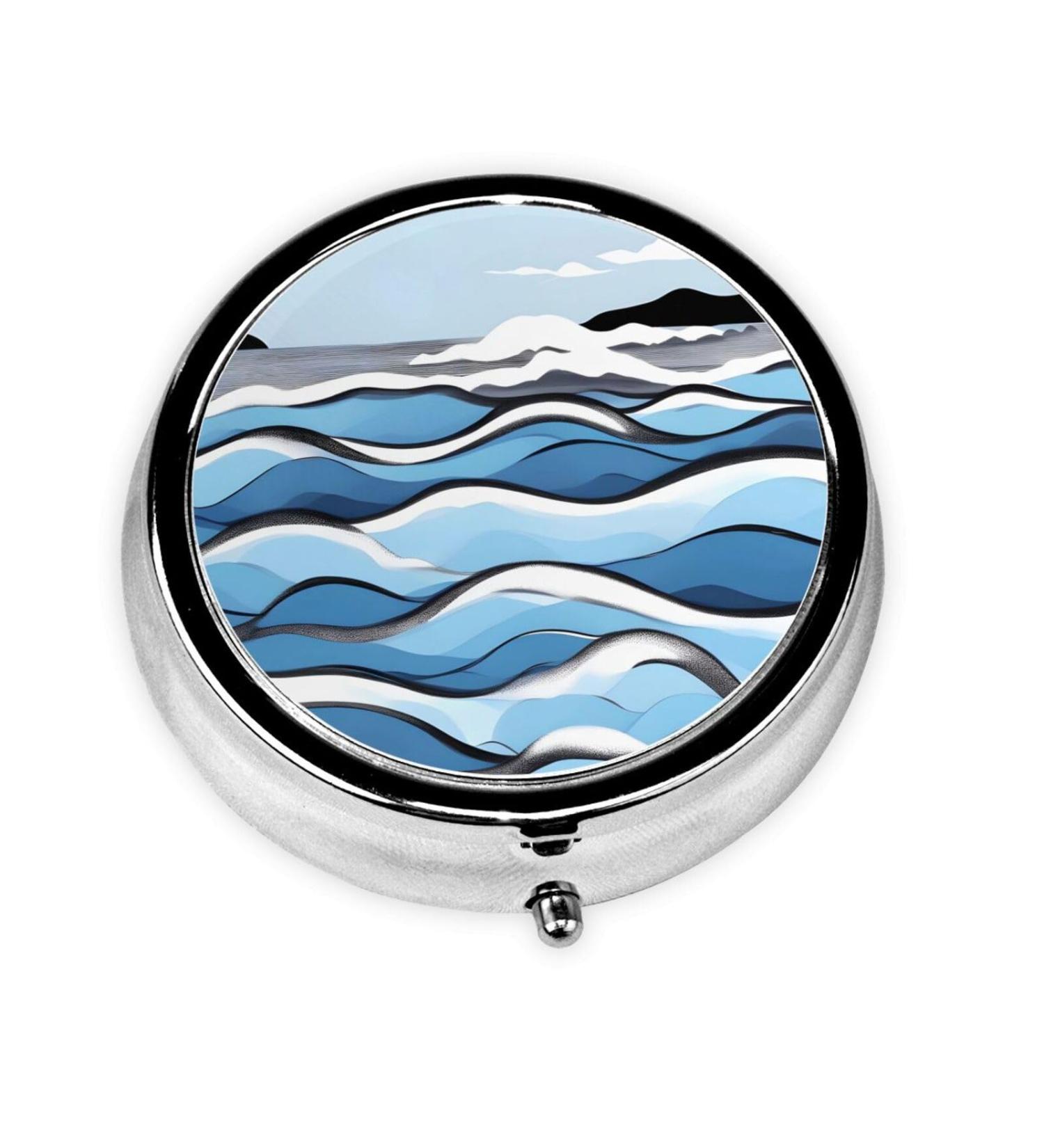 Portable 3-Compartment Round Pill Box - Waves Lapping At The Rocks | Travel Organizer for Medications - Buy Online on GoSupps.com