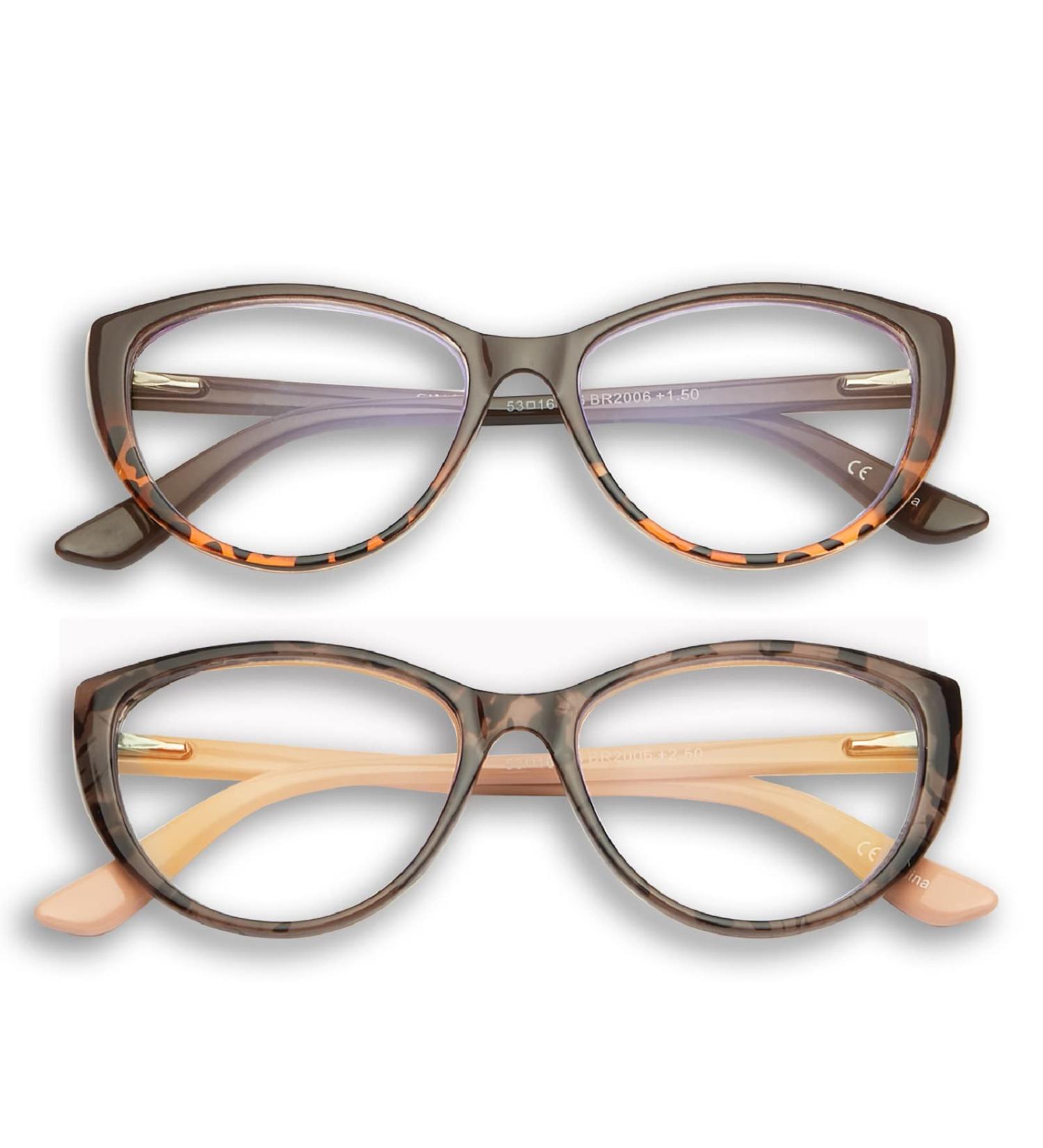 Cat Eye Reading Glasses for Women - 2-Pack Fashion Blue Light Readers +1.5 Anti-Glare Eyeglasses with Spring Hinge in Brown & Turquoise - Stylish & Comfortable - Buy Online on GoSupps.com