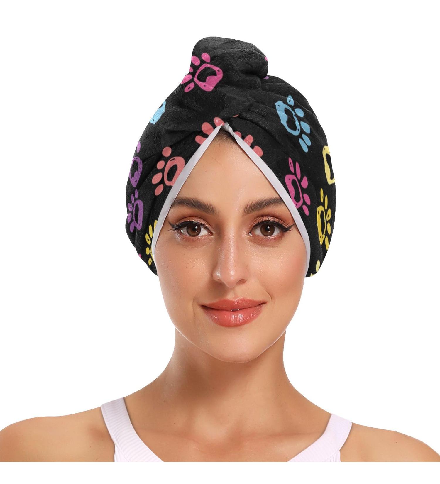 Colorful Doodle Paw Print Hair Towel 2 Pack | Super Absorbent Quick Dry Hair Turbans for Women & Girls Perfect Hair Drying Solution - Buy Online on GoSupps.com