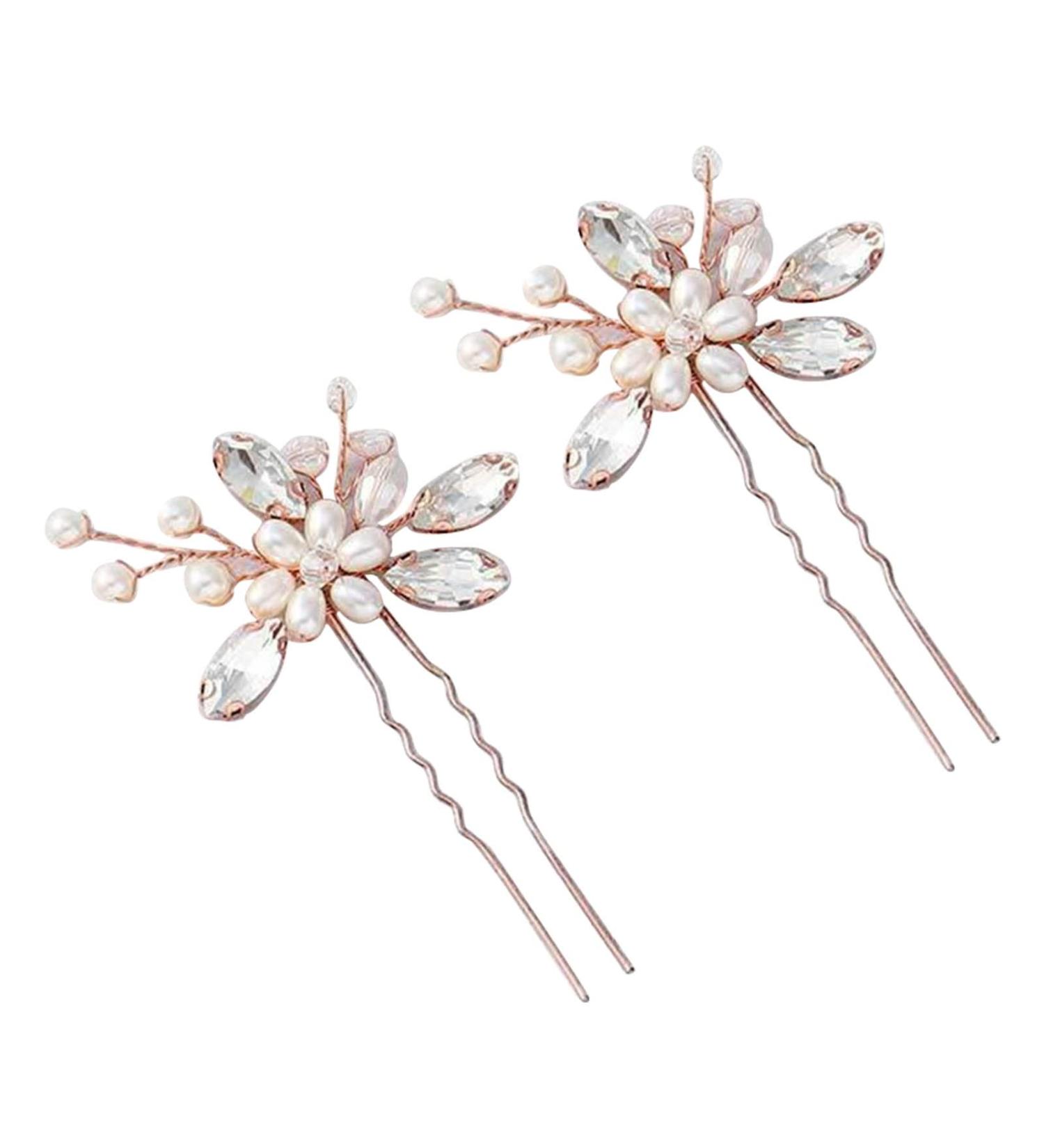 Generic Wedding Hair Clips Charming Wedding U Shaped Hairpin Crystal Pearl Reusable Elegant 1 Pair for Work for Wedding (Rose Gold)