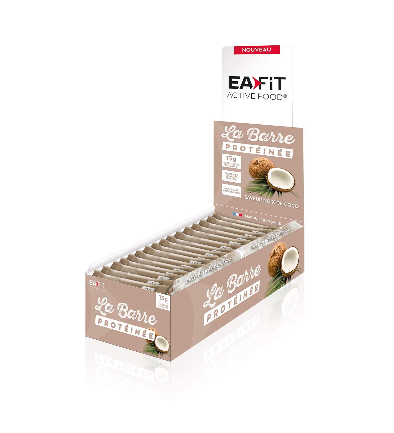 EAFIT Protein Bar Display of 24 Bars of 46g - Coconut Flavor - Coated in Milk Chocolate - 16g of Protein Per Bar - 5.5g of Mg - Low in Sugar - 12 Vit and Minerals - Anti-Doping Certified - Buy Online on GoSupps.com
