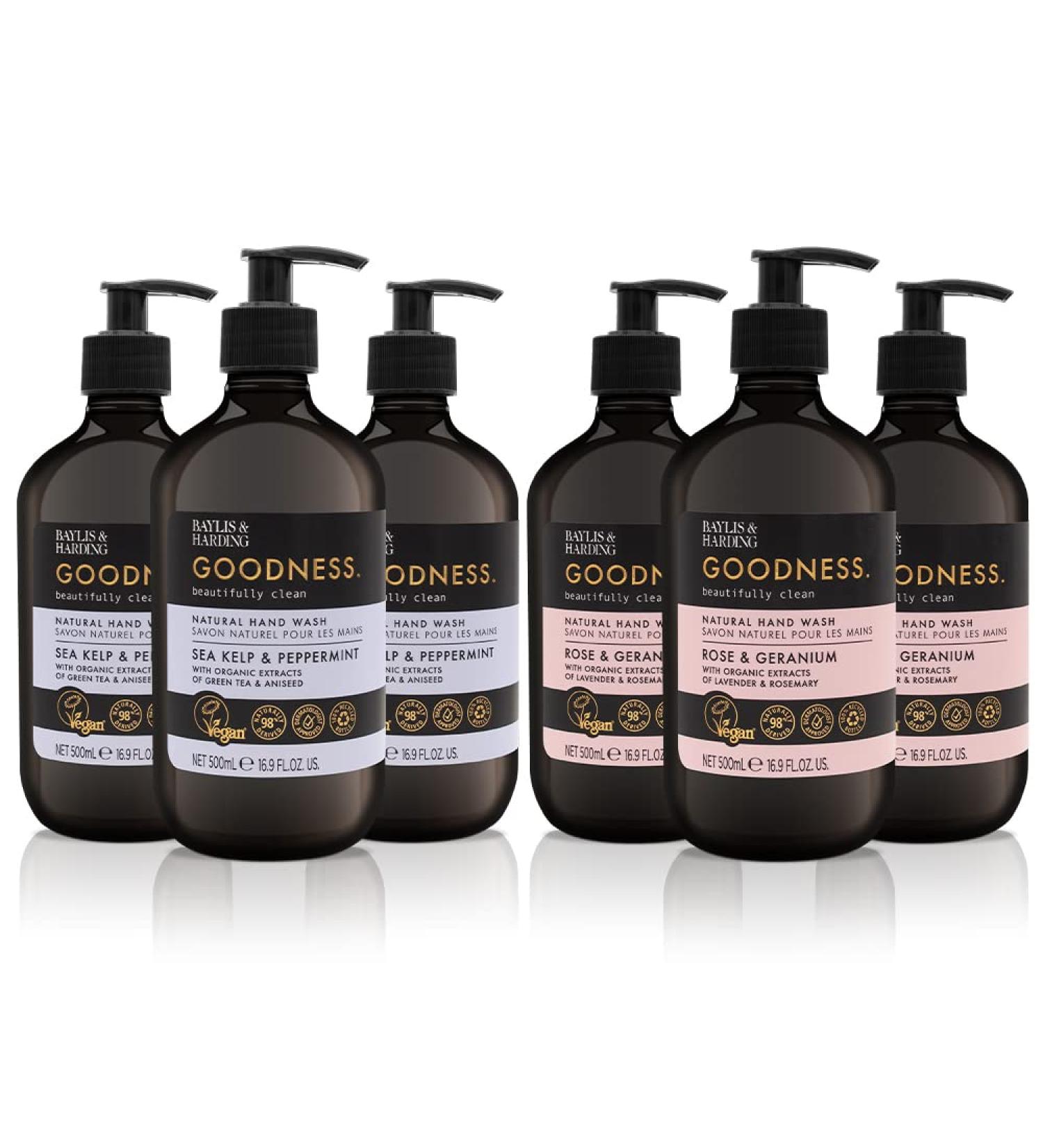 Baylis & Harding Goodness Hand Wash Bundle: 3 x 500 ml Sea Kelp & Peppermint & 3 x 500 ml Rose & Geranium (6 bottles) - Vegan Friendly 500.00 ml (Pack of 6) Hand Wash Bundle - Buy Online on GoSupps.com