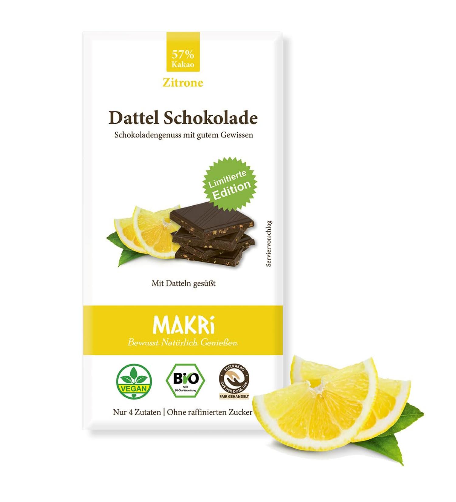 Makri Bio Dattel Chocolate - Vegan Fair Trade No Refined Sugar Sweetened with Dates 57% Lemon - 10 Plates - Buy Online on GoSupps.com