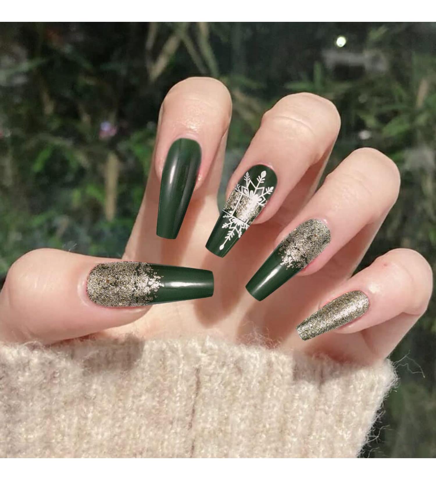 Vatocu Christmas False Snowflake Glitter Press on Nails - 24pcs | Long Ballerina Acrylic Stick-on Nails for Women and Girls - Buy Online on GoSupps.com