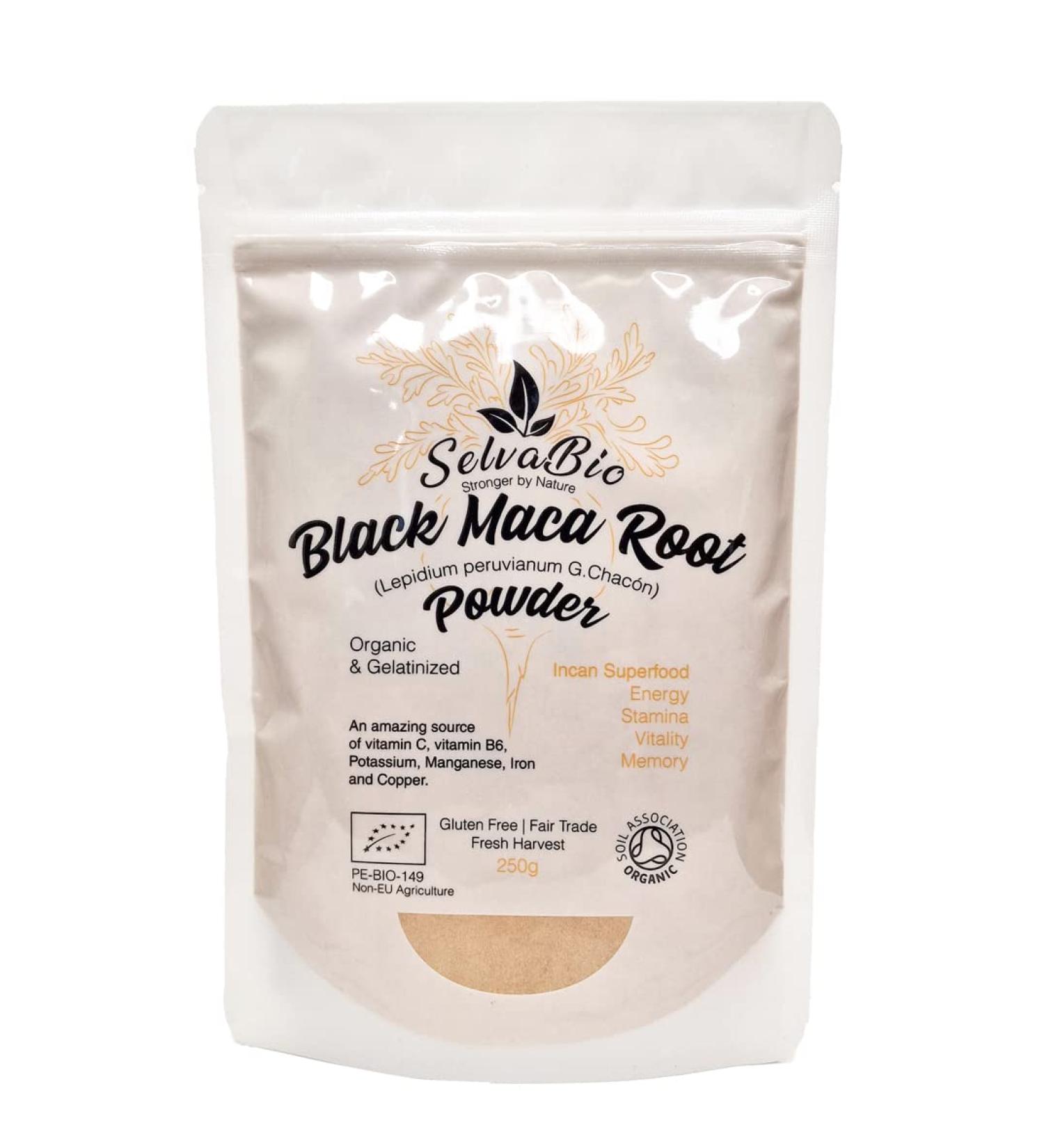 Black Maca Root Powder Gelatinized Organic Certified 250g from Peru Men Support Although for Stamina it Benefits Both Women and Men. by SelvaBio. - Buy Online on GoSupps.com