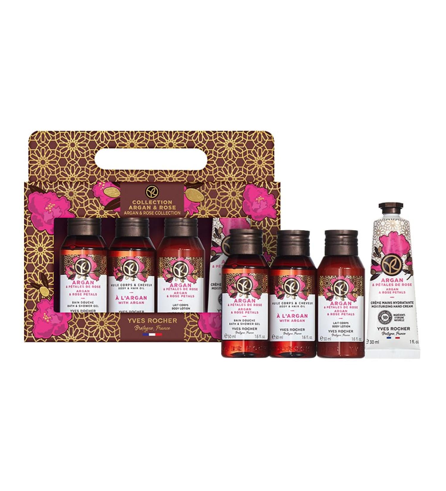 Yves Rocher KIT ARGAN & ROSE PETALS Body Care Gift Set | Gift Idea for Women & Girls | 4 piece set including Bath Shower Oil 50 ml Bath Shower Gel 50 ml Body Lotion 50 ml Hand Cream 30 ml | Travel Size Essential Products | Argan & Rose Petals Scent with C - Buy Online on GoSupps.com