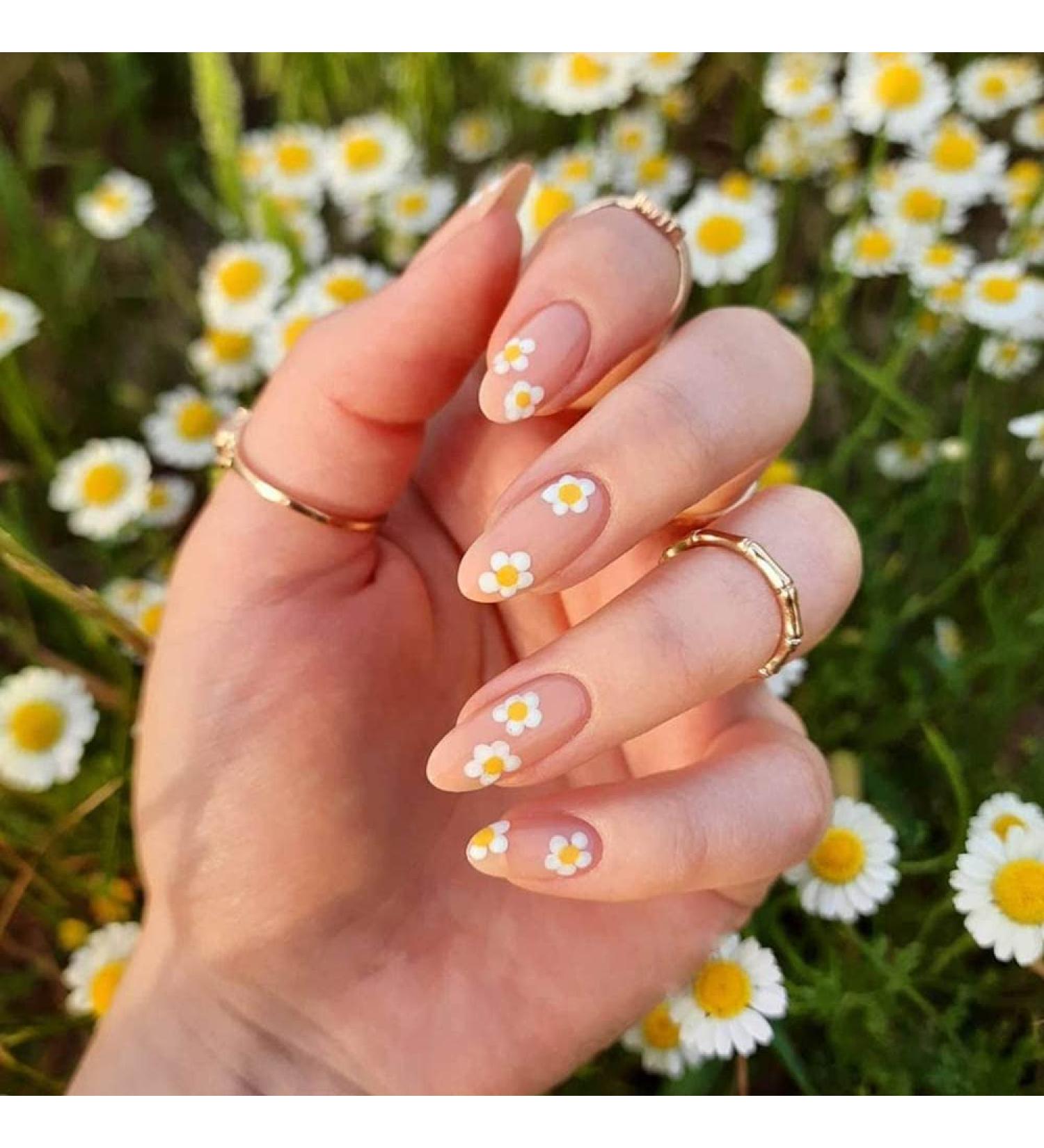 YoYoee 24 PCS Nude Almond Press on Nails - Cute Daisy False Nails for Women and Girls - Buy Online on GoSupps.com