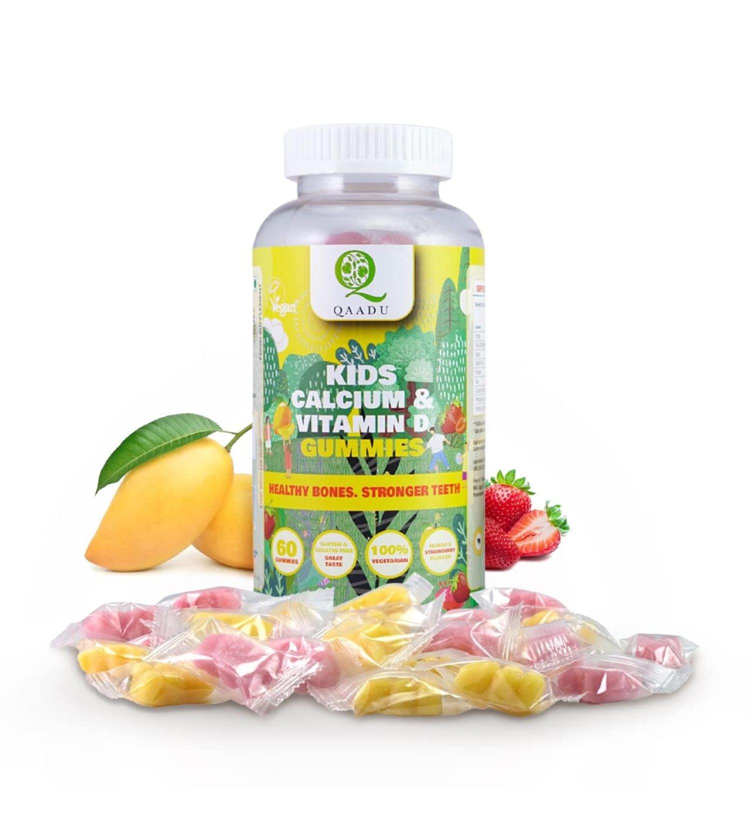 Kids Calcium & Vitamin D Gummy | 60 Gummies | Vegan Mango & Strawberry Flavor | Strong Bones & Teeth | Growth Support - Buy Online on GoSupps.com
