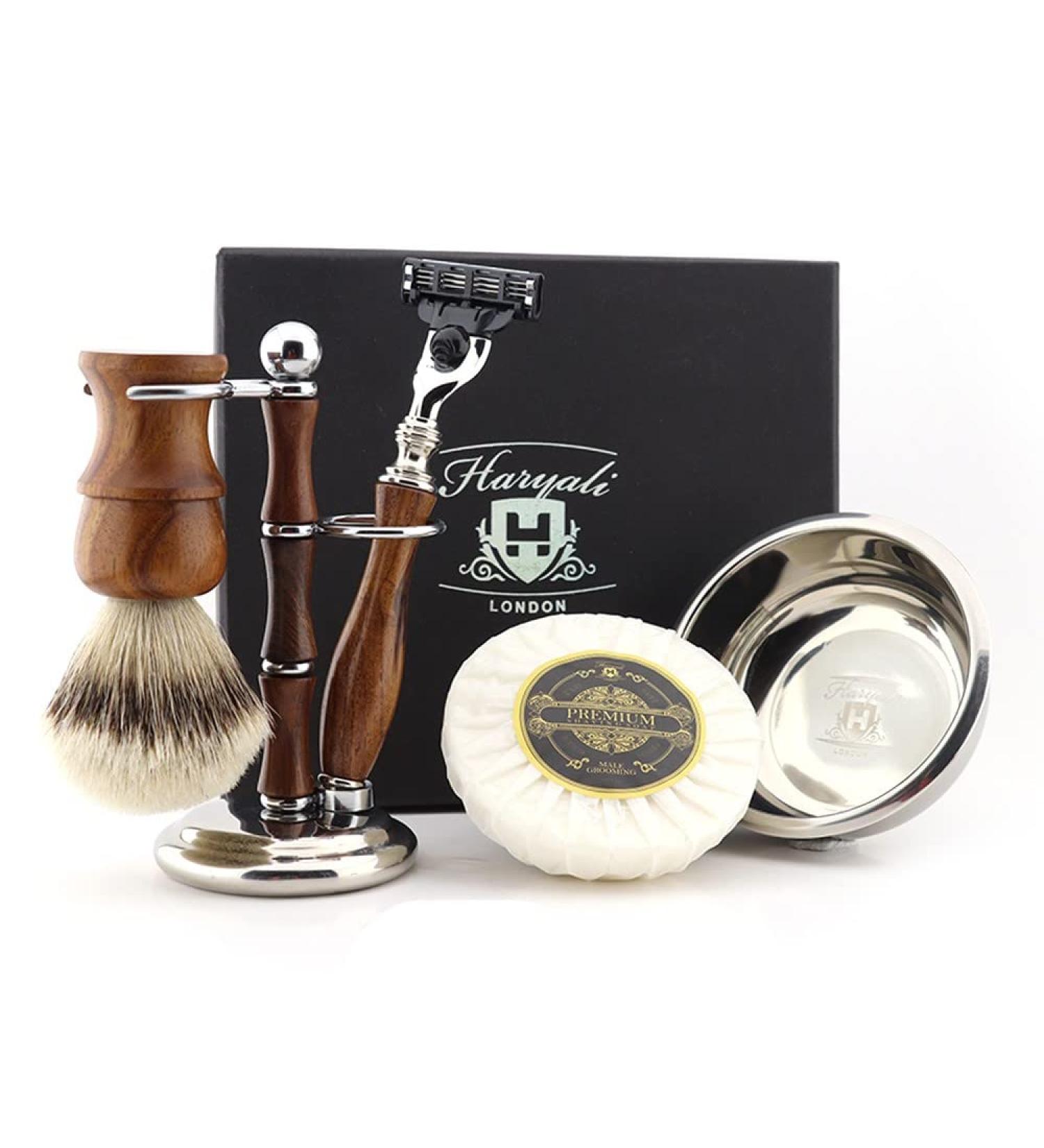 Haryali London 5-part men's rasier set made of wood 3 blades razor with silver tip roof hair brush stand soap and bowl perfect New Year's gift set for men