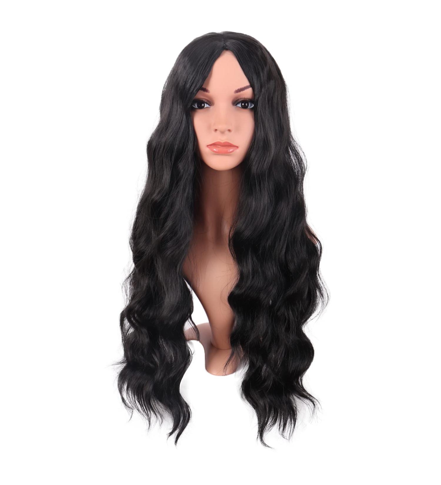 MapofBeauty 28 Inch/70 cm Long Wavy Middle Part with No Bangs Synthetic Fiber Curly Fashion Women Party Cosplay Wig (Black) - Buy Online on GoSupps.com