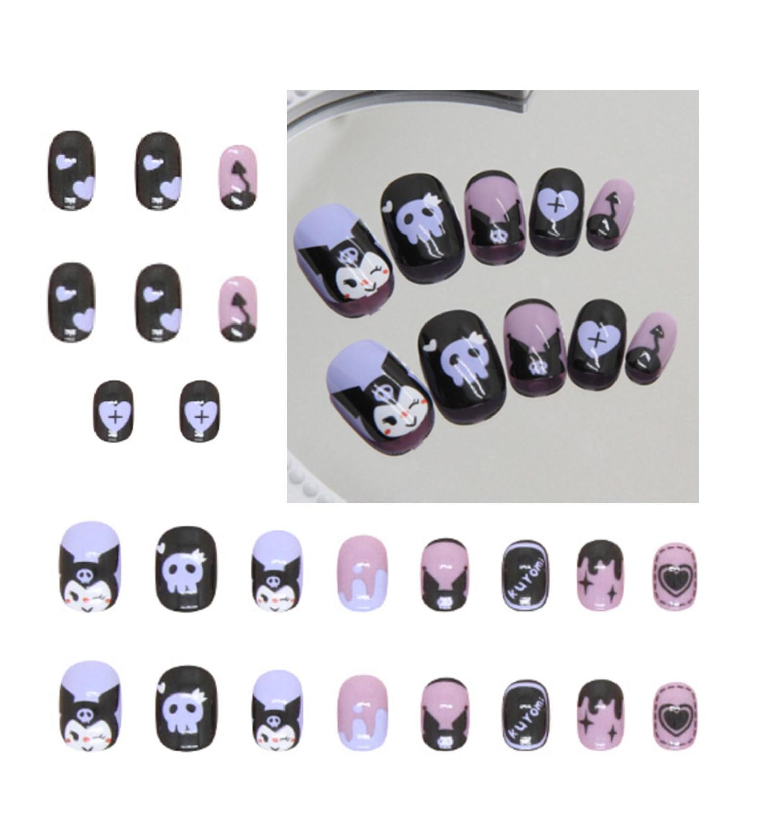 24PCS Black Rabbit Short Press on Nails | Black & Purple Fake Nails Kit for Women | Includes Glue Mini File & Wet Wipes - Buy Online on GoSupps.com