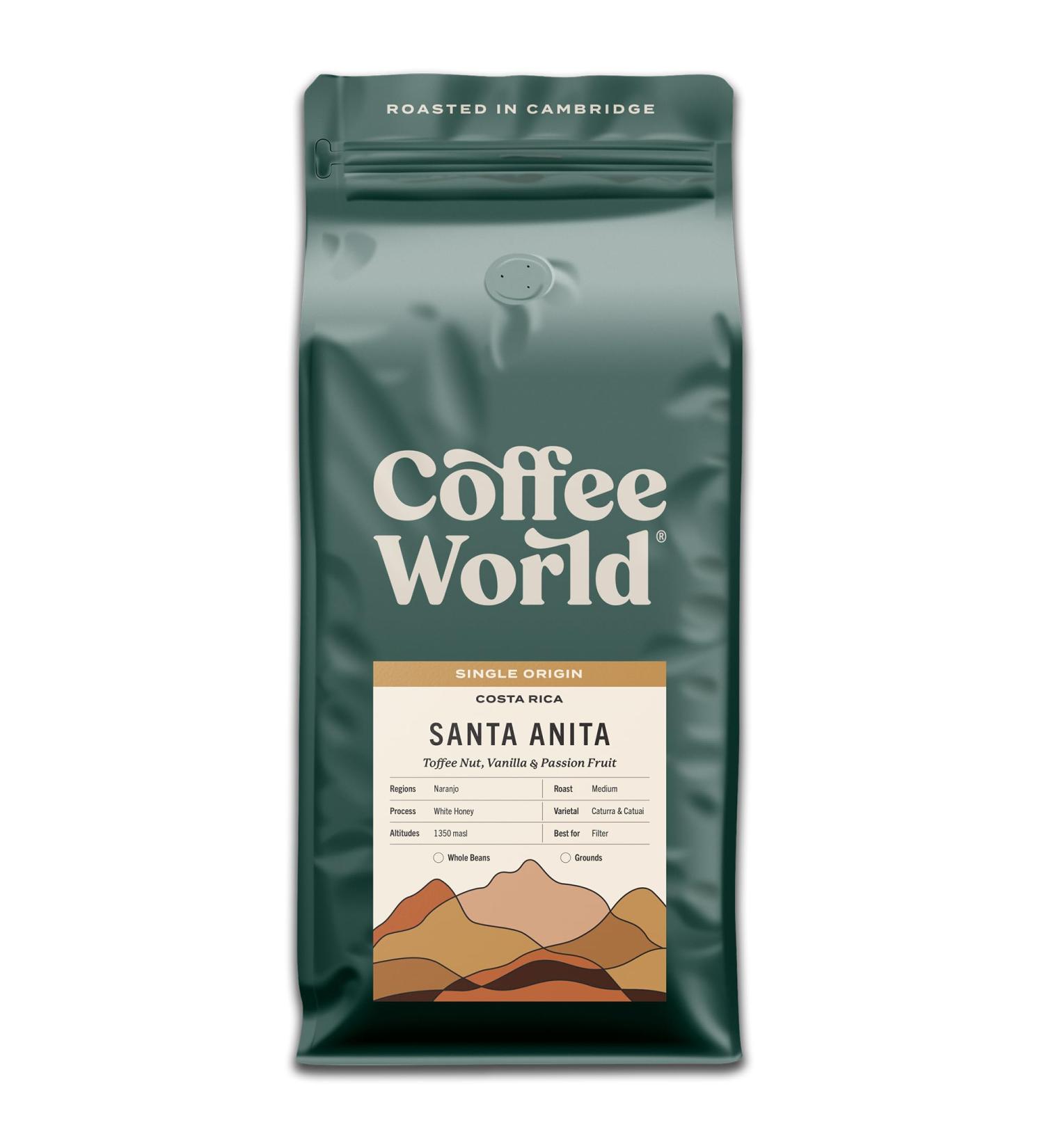 Coffee World Costa Rica Santa Anita Single Origin Espresso UK Roasted Coffee Beans - Medium Roast (8 x 1KG)