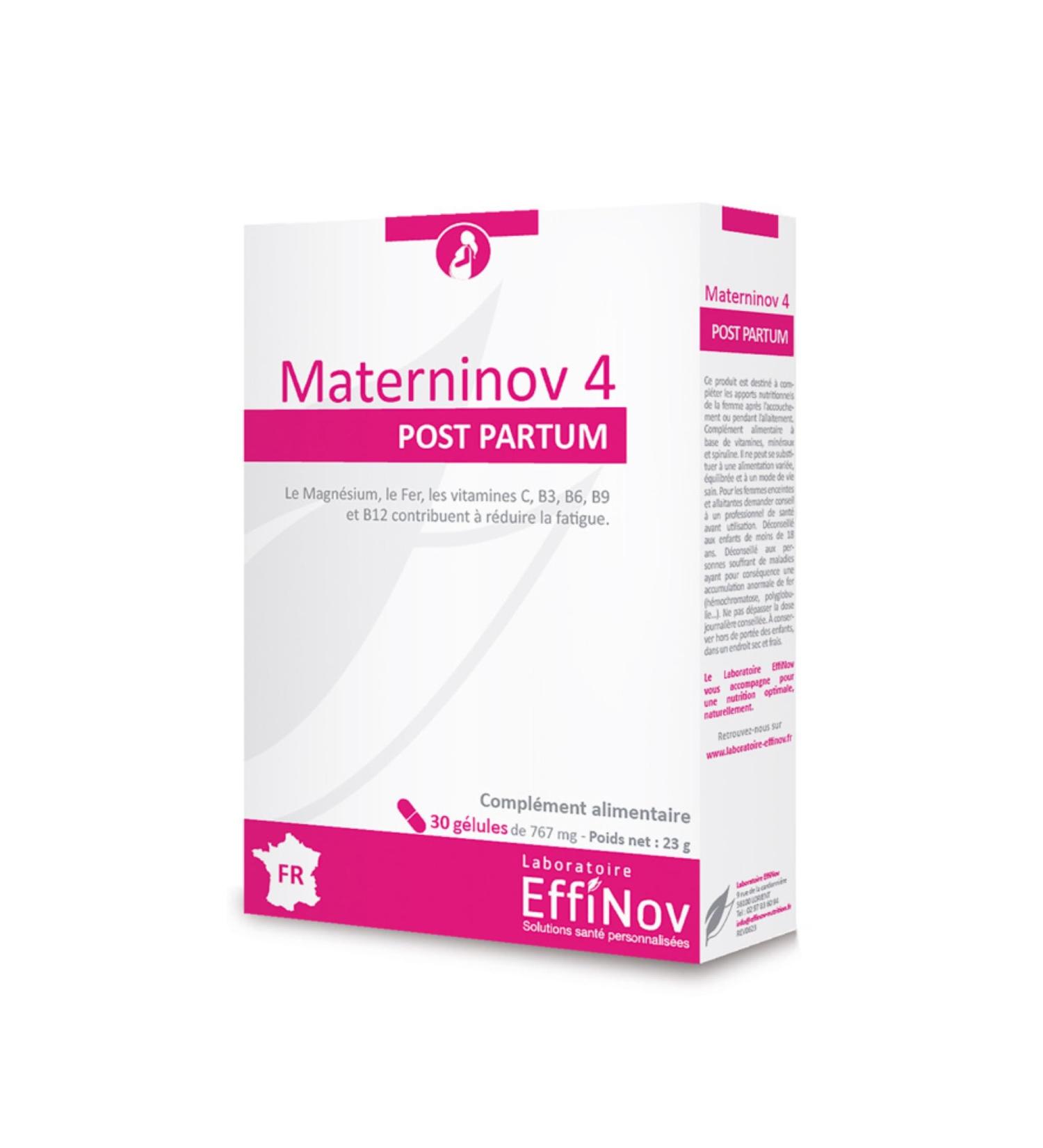 MATERNINOV 4 FOOD SUPPLEMENT AFTER PREGNANCY and/or BREASTFEEDING Solution to Post-Pregnancy Deficiencies Reduces Fatigue Stress Palpitations and Dizziness Made in France - Buy Online on GoSupps.com
