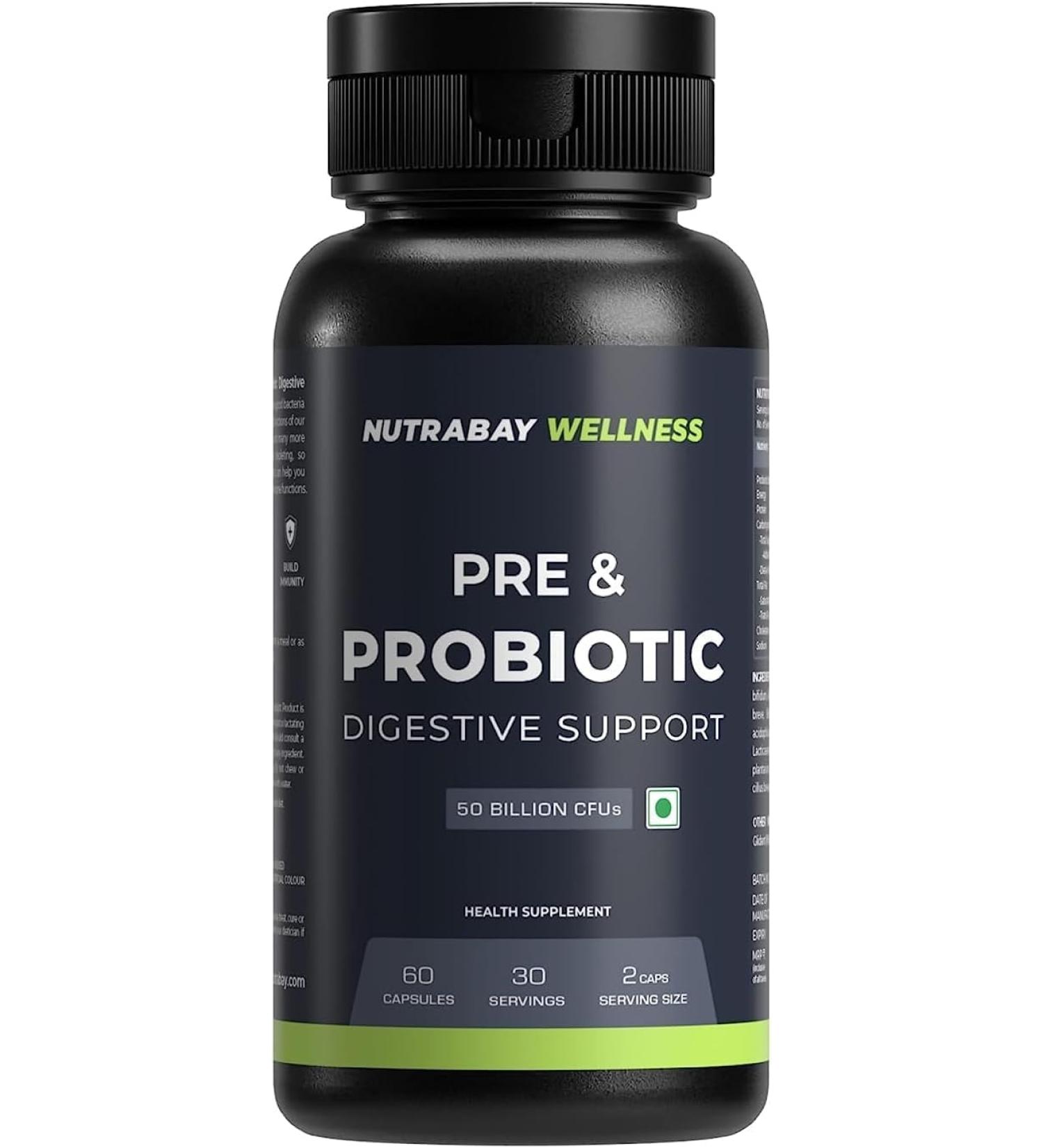 Wellness Pre & Probiotic Digestive Support 50 Billion CFUs Probiotic Supplement for Men and Women - 60 Veg Capsules - Buy Online on GoSupps.com