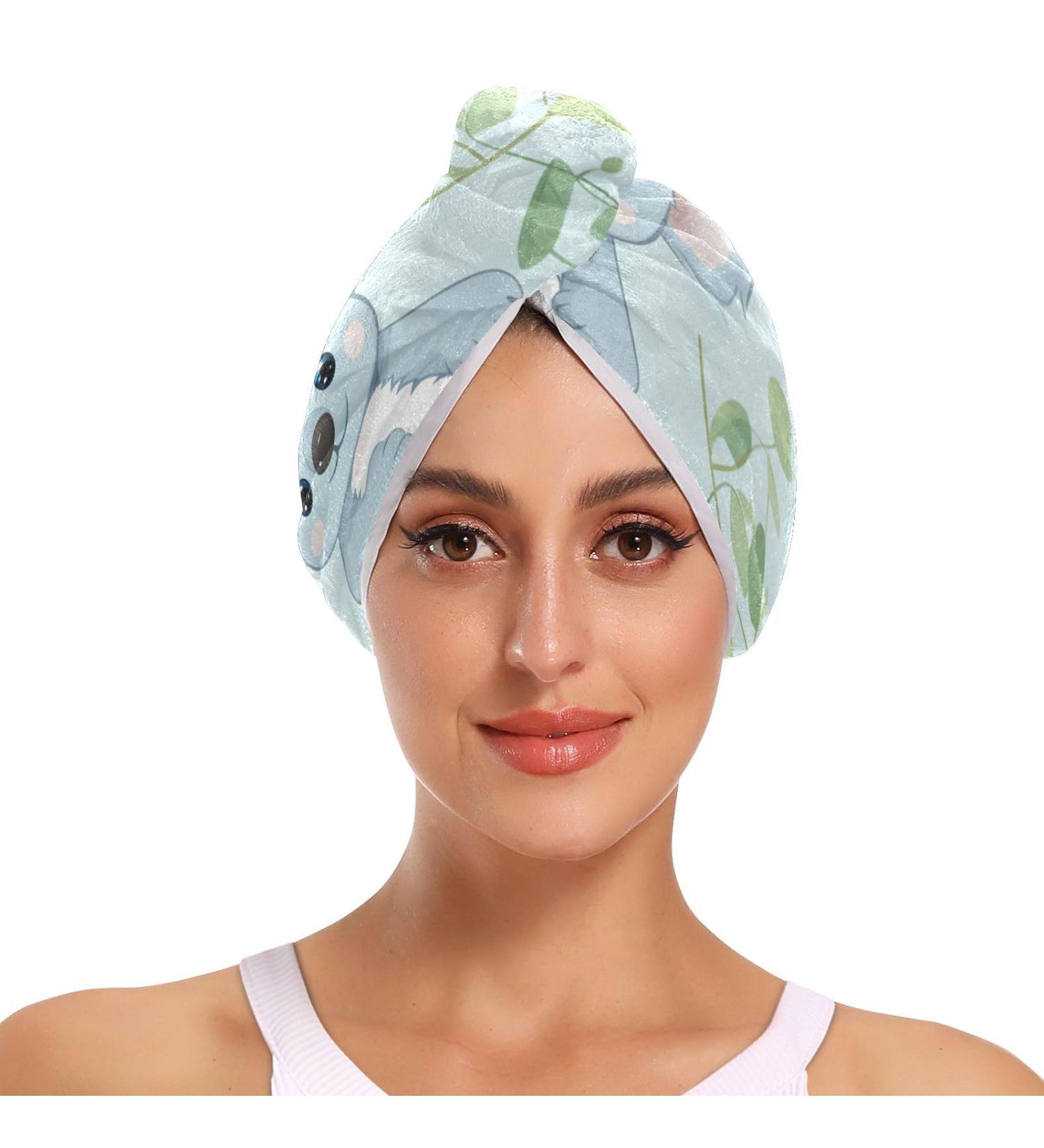 Koalas Green Leaf Hair Towel 2 Pack | Super Absorbent Quick Dry Hair Turbans for Women & Girls | Button Twisty Wrap - Buy Online on GoSupps.com