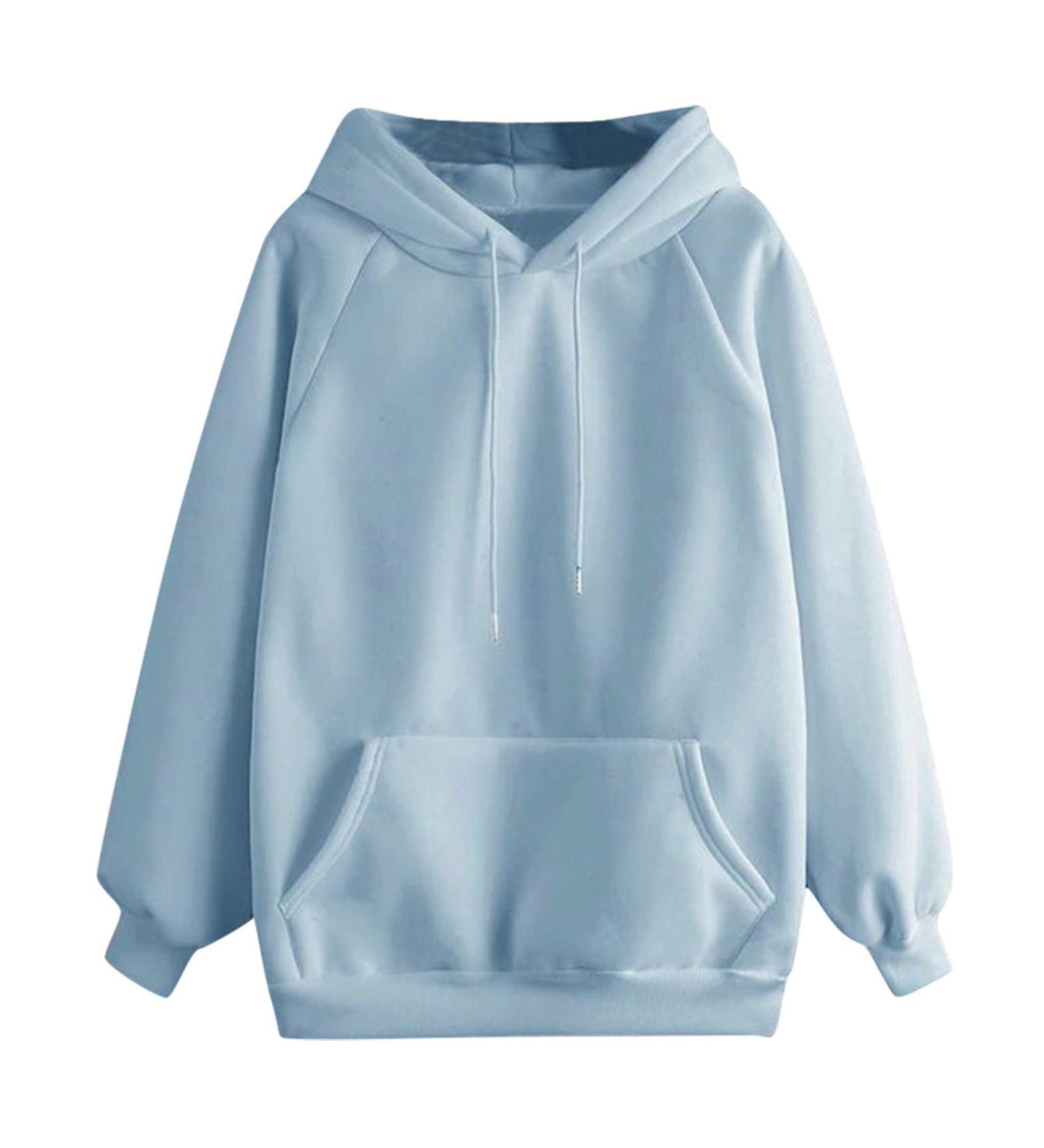 Cute Sky Blue Hoodie for Teen Girls with Big Pockets | Women's Preppy Solid Color Sweatshirt | Long Sleeve Casual Pullover Medium - Buy Online on GoSupps.com