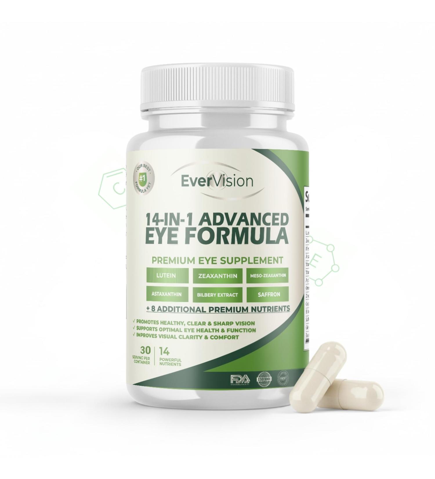 EverVision 14-in-1 Advanced Eye Formula AREDS 2 with Lutein and Zeaxanthin - 30 Vegan Capsules of Eye Vitamin Supplement with Astaxanthin, Saffron & Meso-Zeaxanthin - Perfect for Eye Health & Vision - Buy Online on GoSupps.com