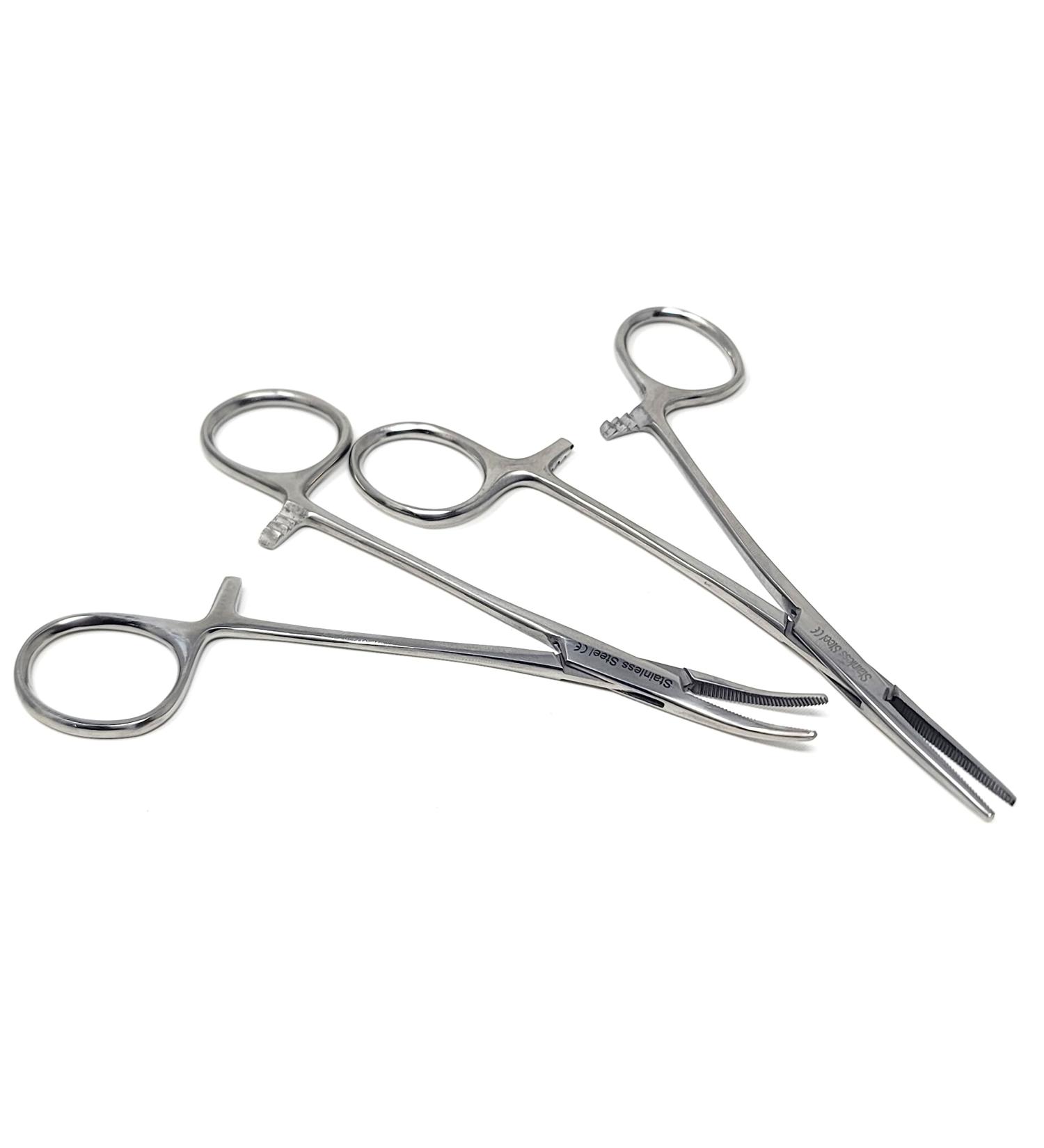 Pair of Two Pet Ear/Nose Hair Pull Hemostat Locking Forceps Curved + Straight Serrated Jaw - 5" (Chrome) - Buy Online on GoSupps.com