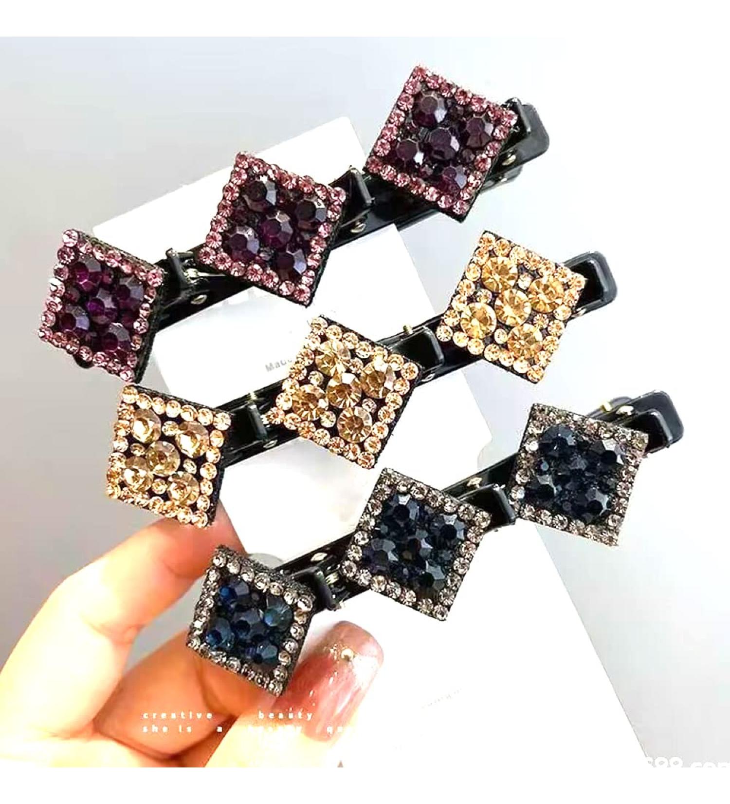Set of 3 Sparkling Crystal Stone Braided Hair Clips | Rhinestone Hair Styling Clips for Women | Double Layer Design with 3 Small Clips | 3-Pack in Assorted Colors - Buy Online on GoSupps.com