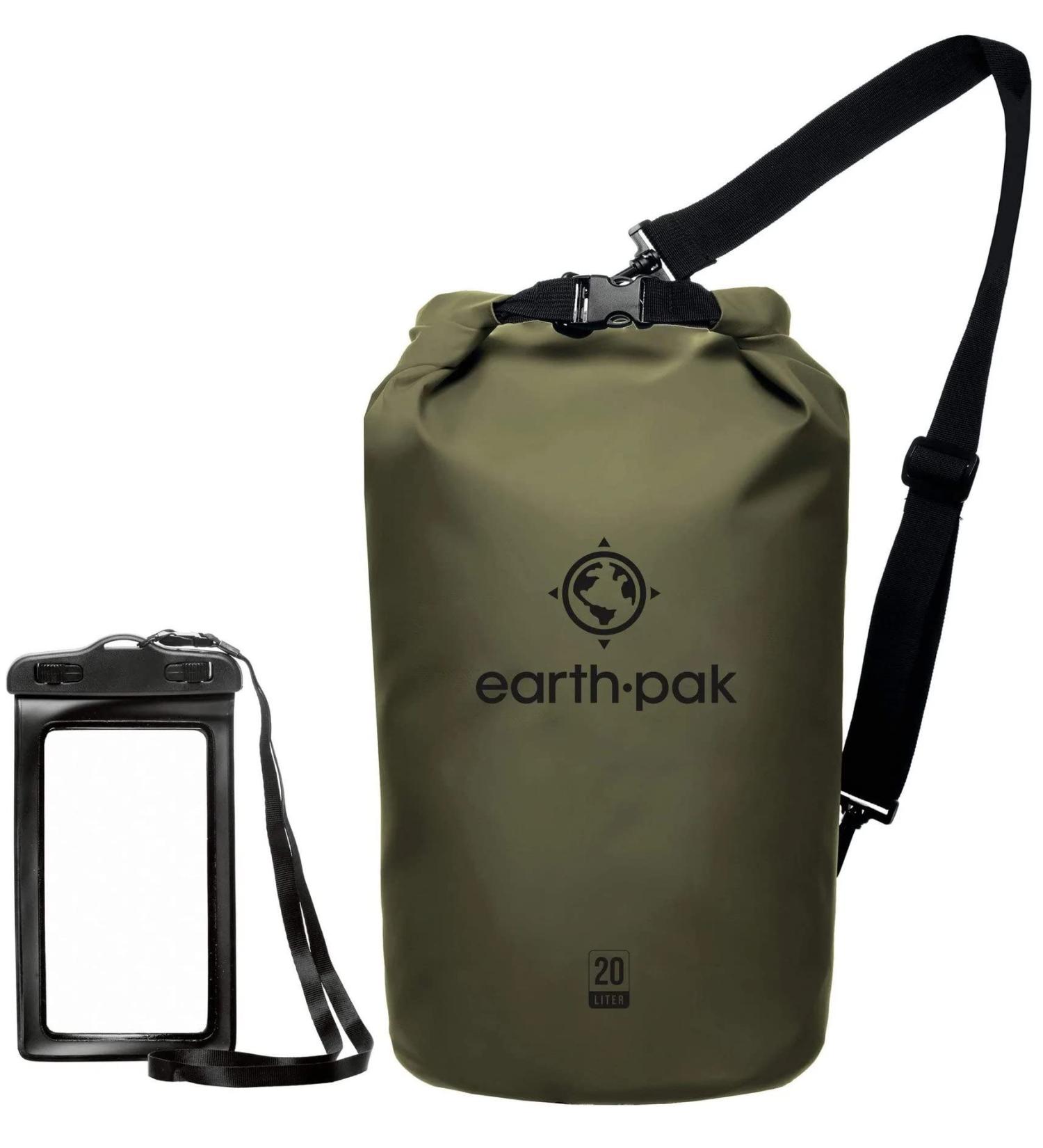 Earth Pak 20L Waterproof Dry Bag - Roll Top Compression Sack for Kayaking, Beach, Rafting - Forest Green with Waterproof Phone Case - Buy Online on GoSupps.com