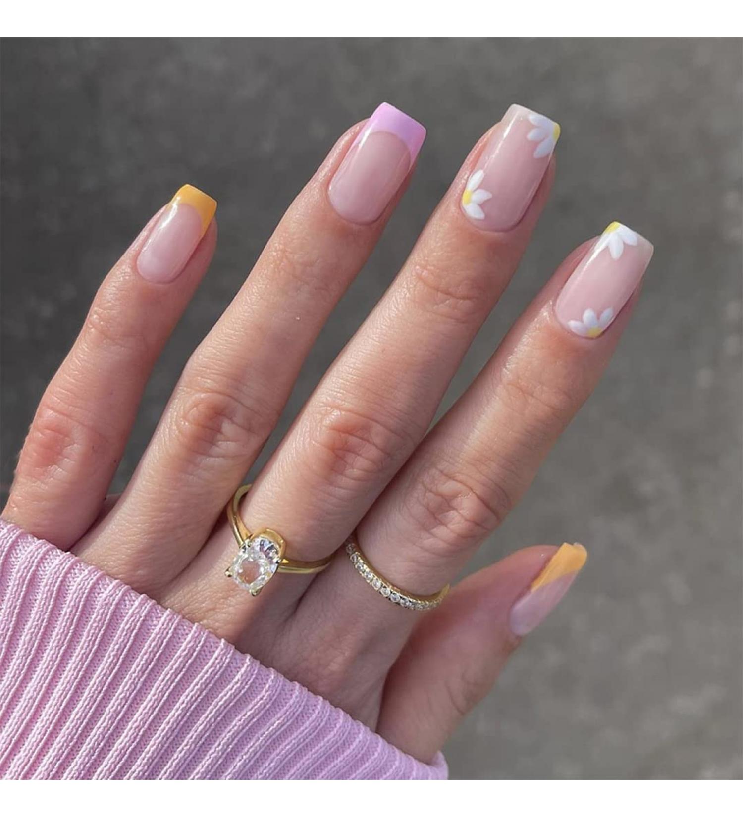 Sethexy Short Square False Nails - 24Pcs French Press on Acrylic Nails for Women & Girls - Floral Design - Buy Online on GoSupps.com