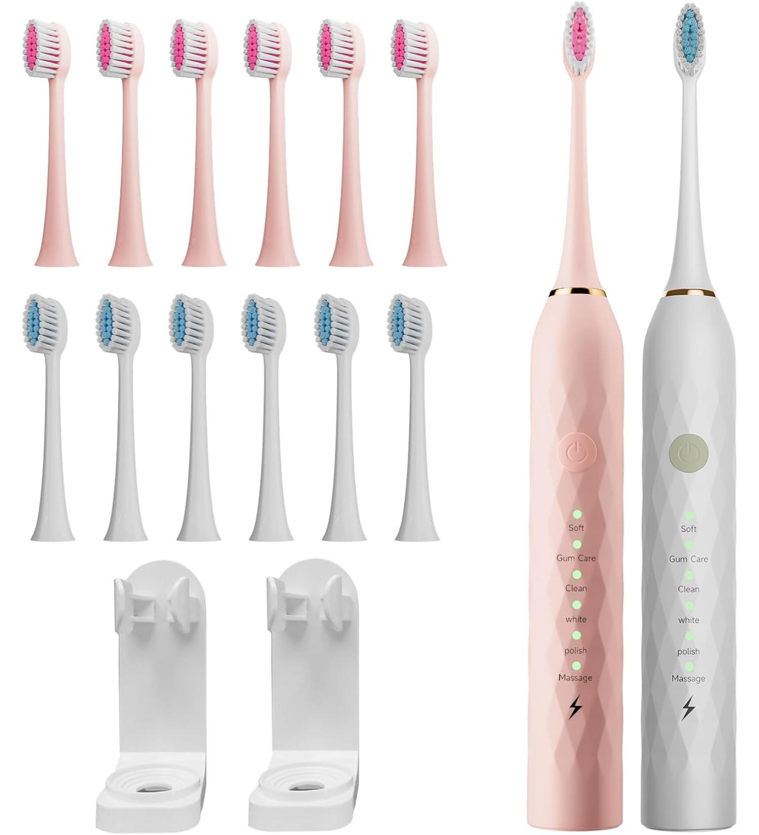 MAXWISDOM Toothbrush Electric with Holders 12 Sonic Toothbrush Heads Replacement 6 Modes Smart Timer 2 Hours Charge for 60 Days - Pink & White - Pack Of 18 - Buy Online on GoSupps.com