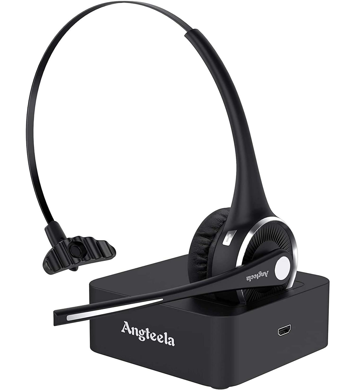 Angteela Trucker Bluetooth Headset with Noise Cancelling Mic & Charging Base - Ideal for Home Office, Call Center, Skype - Wireless Cell Phone Headset with Mute Function - Buy Online on GoSupps.com